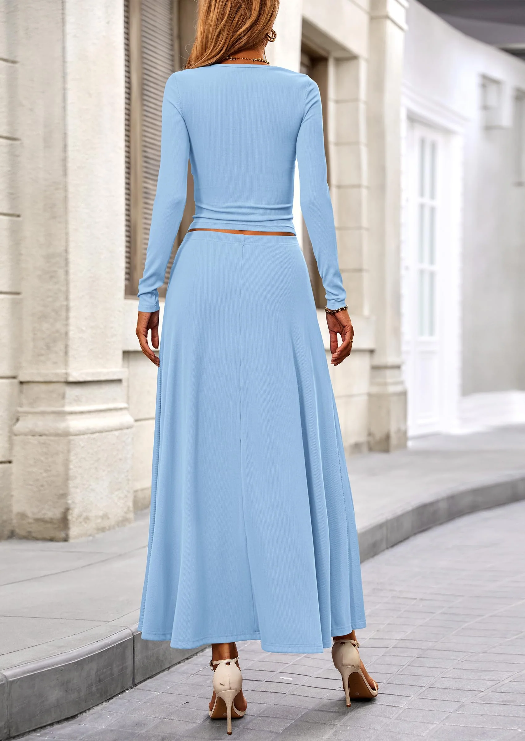 PRETTYGARDEN 2 Piece Casual Ribbed Knit Long Sleeve Crop Tops Maxi Flowy Skirts Matching Sets - Image 93