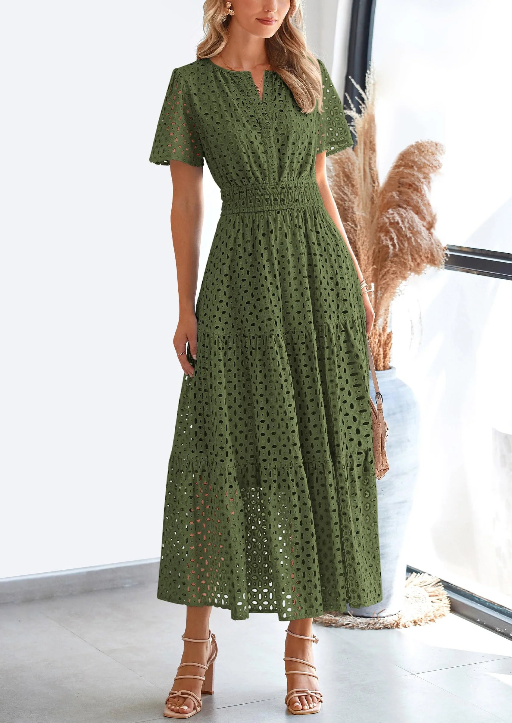 PRETTYGARDEN Womens Maxi Dress Short Sleeve V Neck Hollow Out Eyelet A Line Long Flowy Beach Vacation Dresses - Image 10