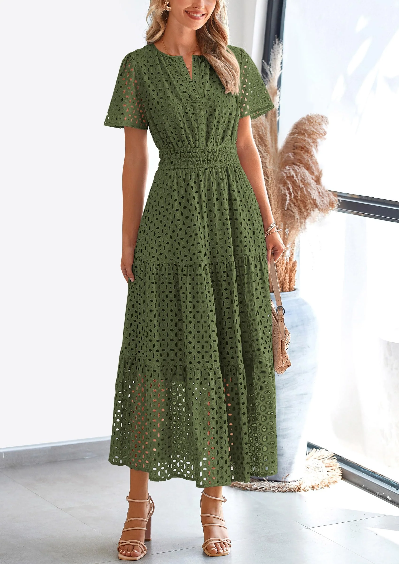 PRETTYGARDEN Womens Maxi Dress Short Sleeve V Neck Hollow Out Eyelet A Line Long Flowy Beach Vacation Dresses - Image 11
