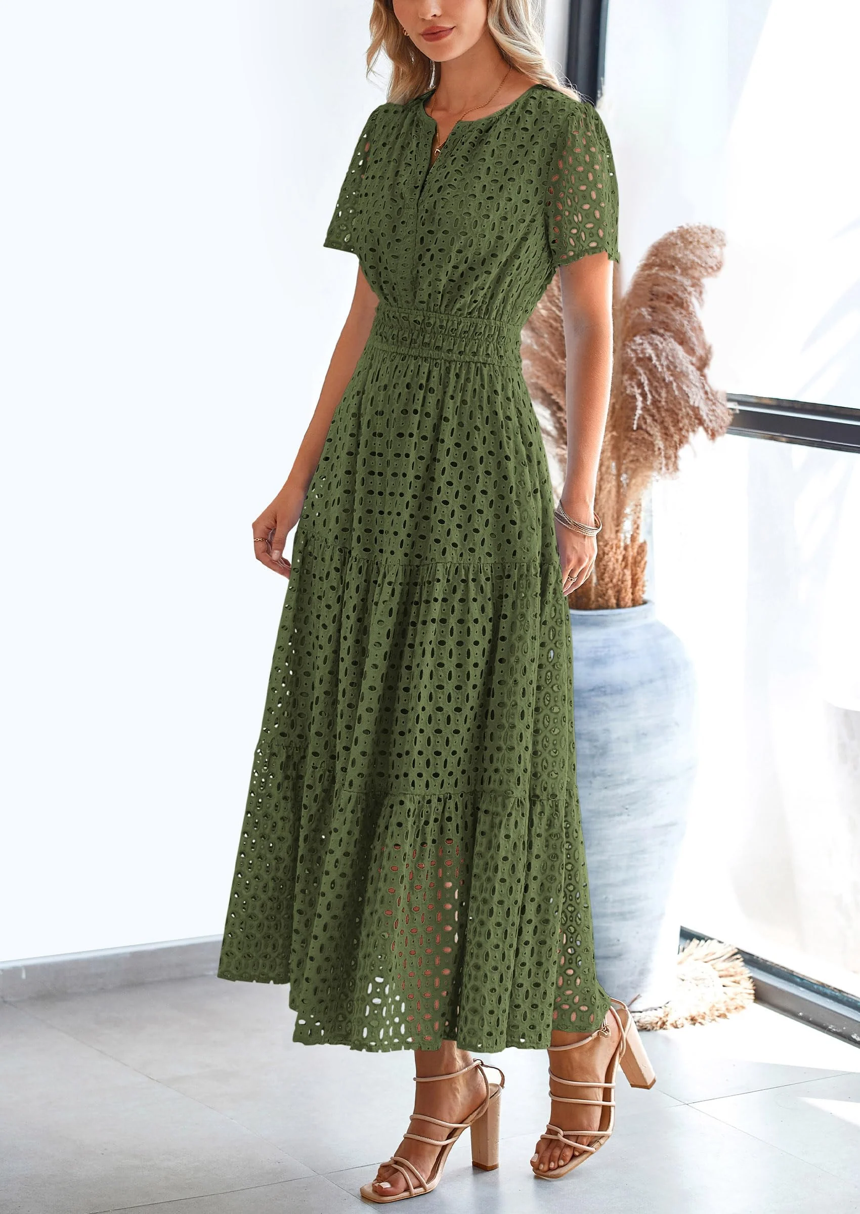 PRETTYGARDEN Womens Maxi Dress Short Sleeve V Neck Hollow Out Eyelet A Line Long Flowy Beach Vacation Dresses - Image 12