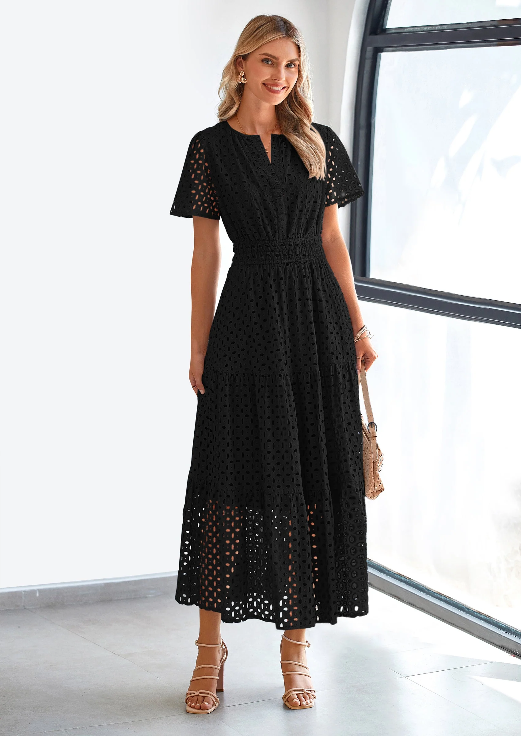 PRETTYGARDEN Womens Maxi Dress Short Sleeve V Neck Hollow Out Eyelet A Line Long Flowy Beach Vacation Dresses - Image 13