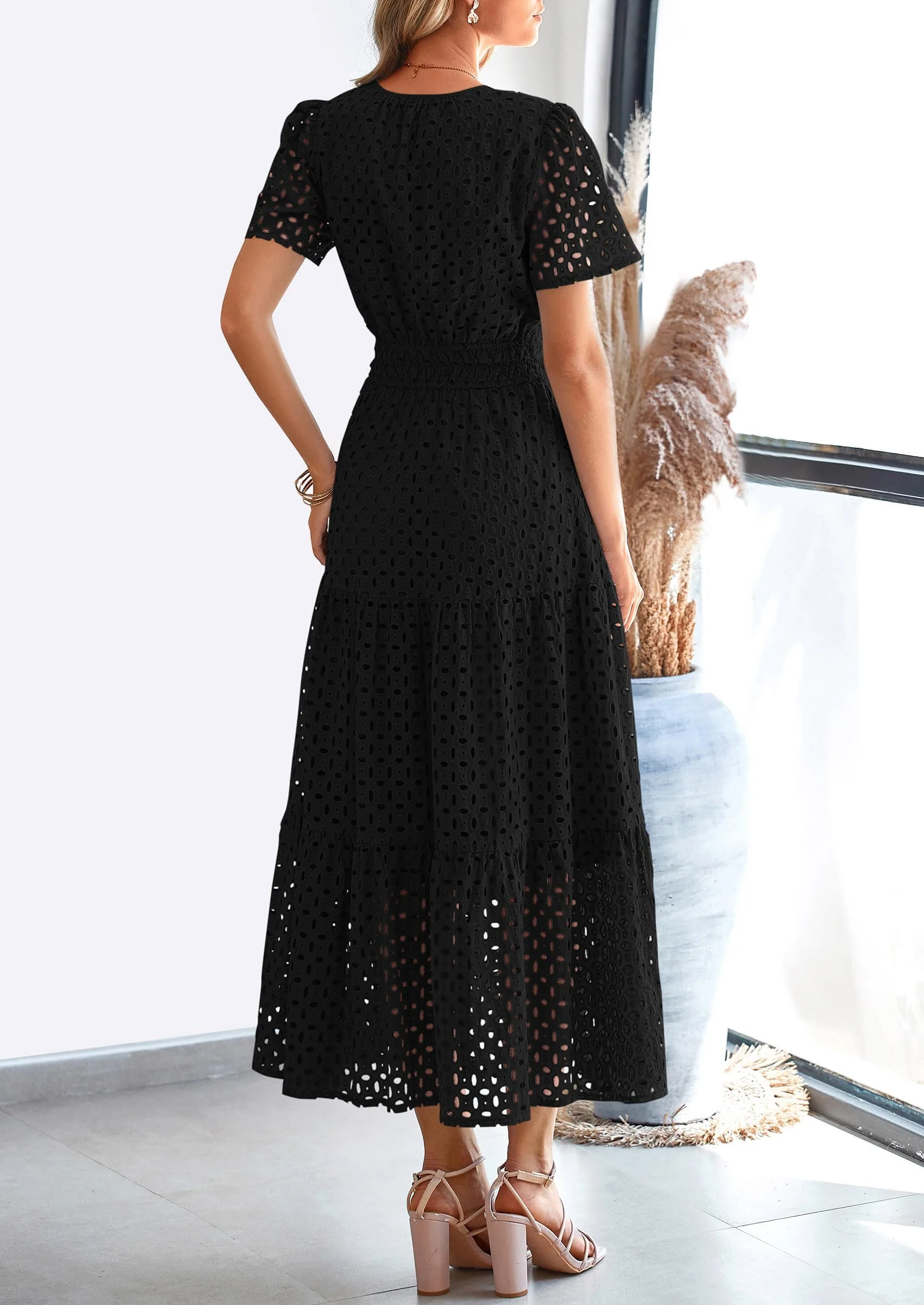 PRETTYGARDEN Womens Maxi Dress Short Sleeve V Neck Hollow Out Eyelet A Line Long Flowy Beach Vacation Dresses - Image 14