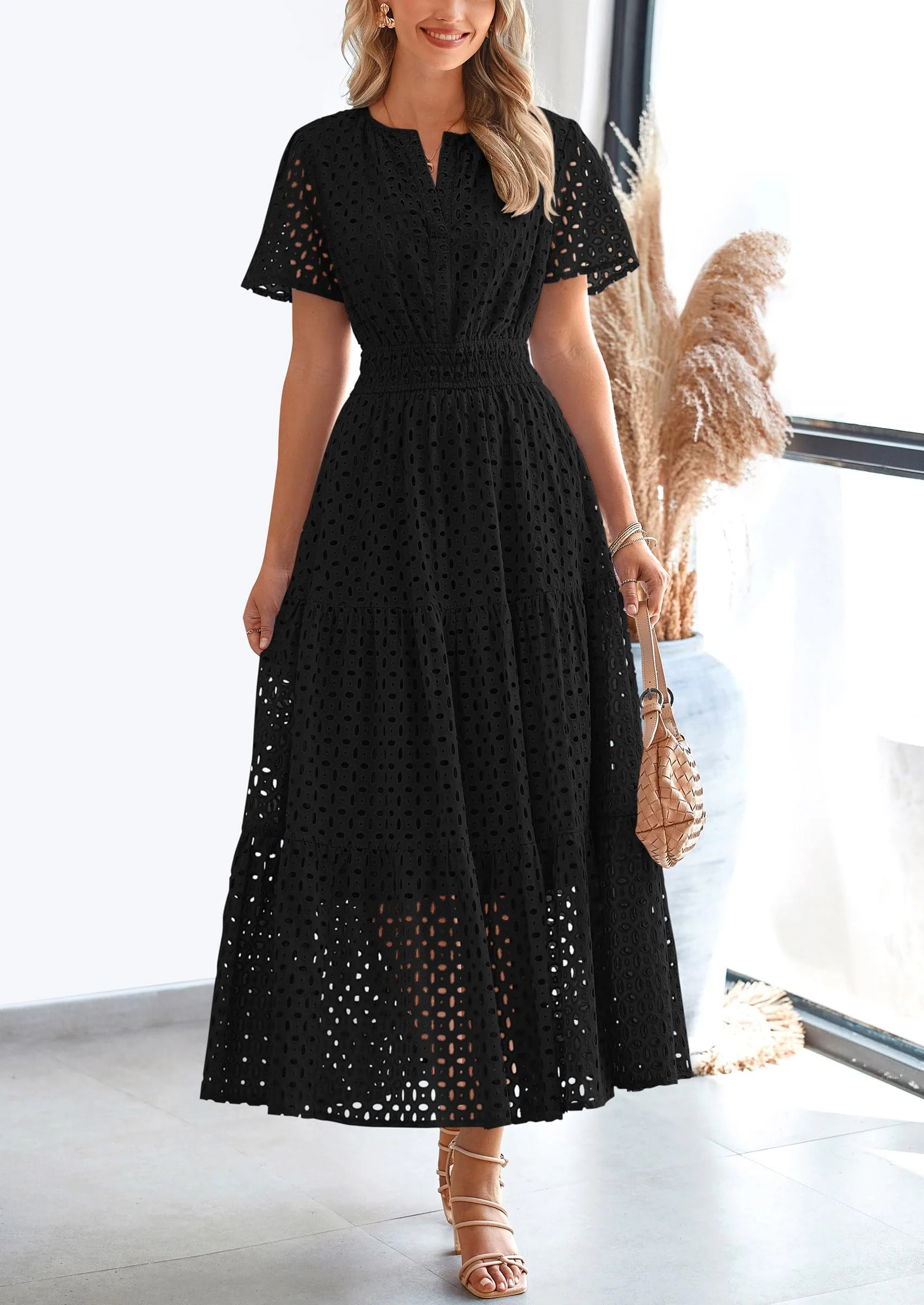 PRETTYGARDEN Womens Maxi Dress Short Sleeve V Neck Hollow Out Eyelet A Line Long Flowy Beach Vacation Dresses - Image 15