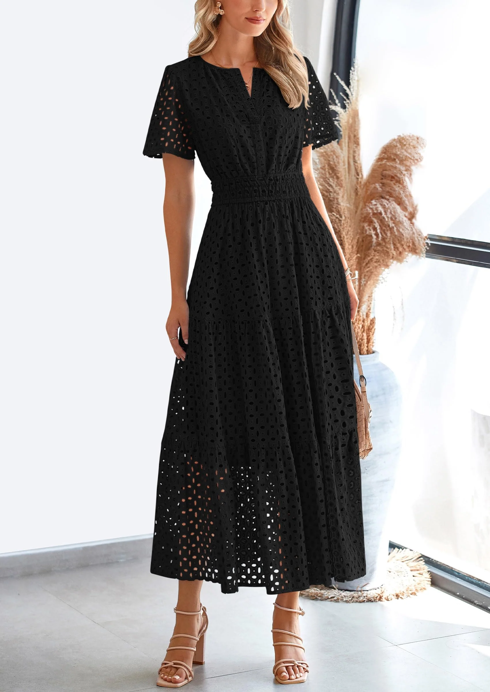 PRETTYGARDEN Womens Maxi Dress Short Sleeve V Neck Hollow Out Eyelet A Line Long Flowy Beach Vacation Dresses - Image 16