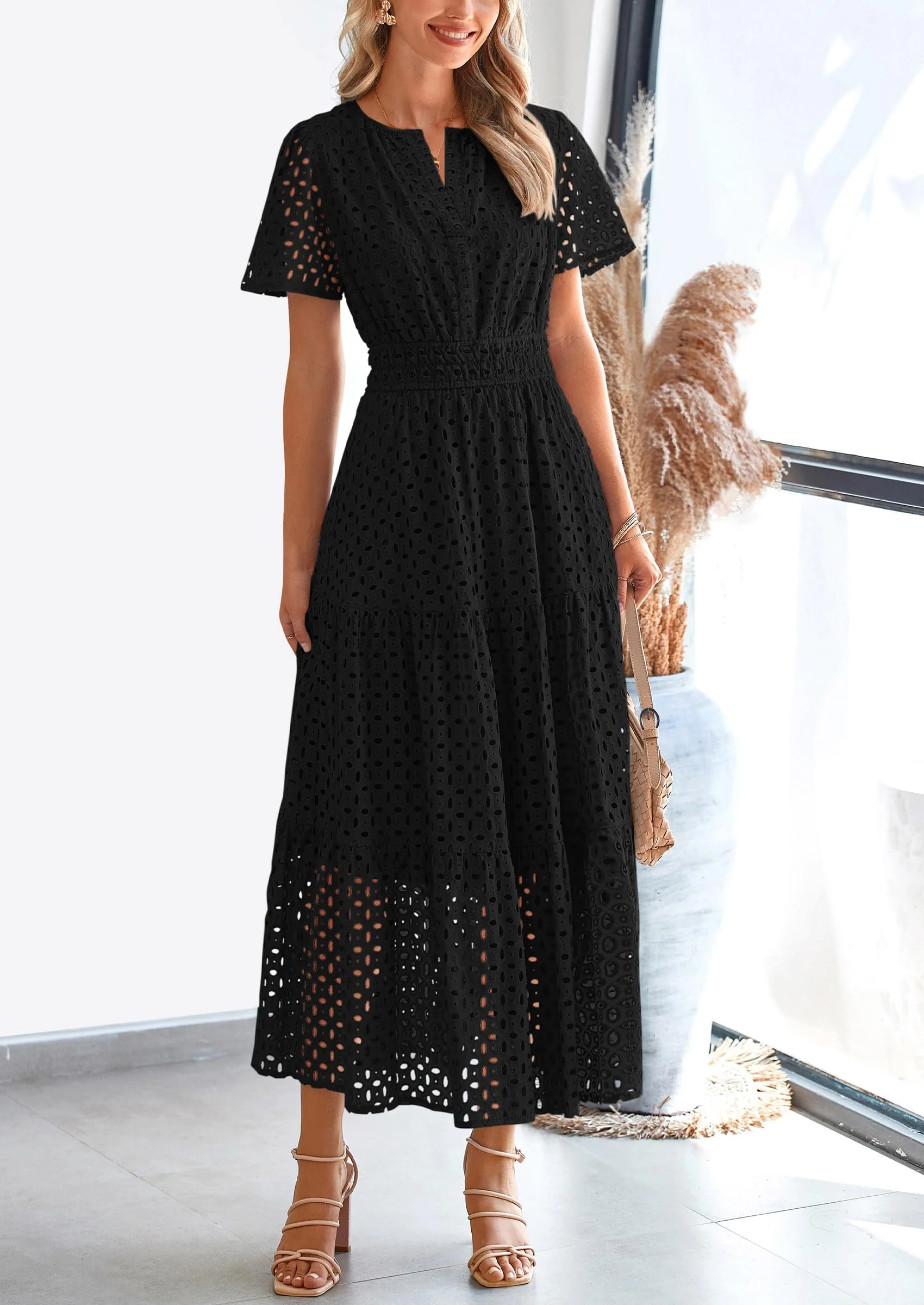 PRETTYGARDEN Womens Maxi Dress Short Sleeve V Neck Hollow Out Eyelet A Line Long Flowy Beach Vacation Dresses - Image 17