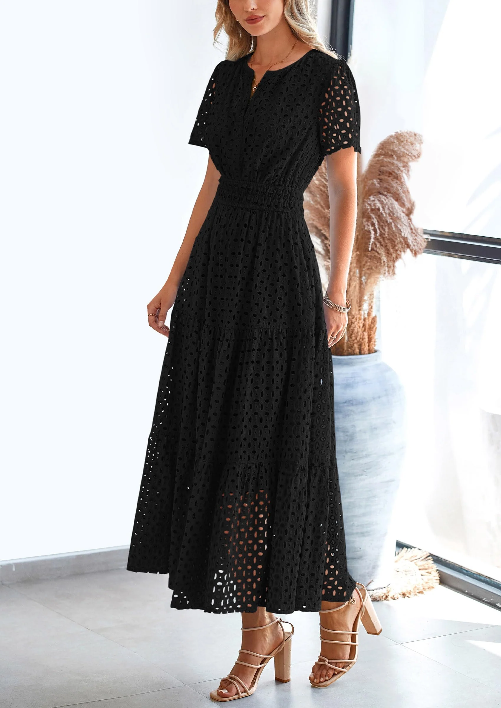 PRETTYGARDEN Womens Maxi Dress Short Sleeve V Neck Hollow Out Eyelet A Line Long Flowy Beach Vacation Dresses - Image 18