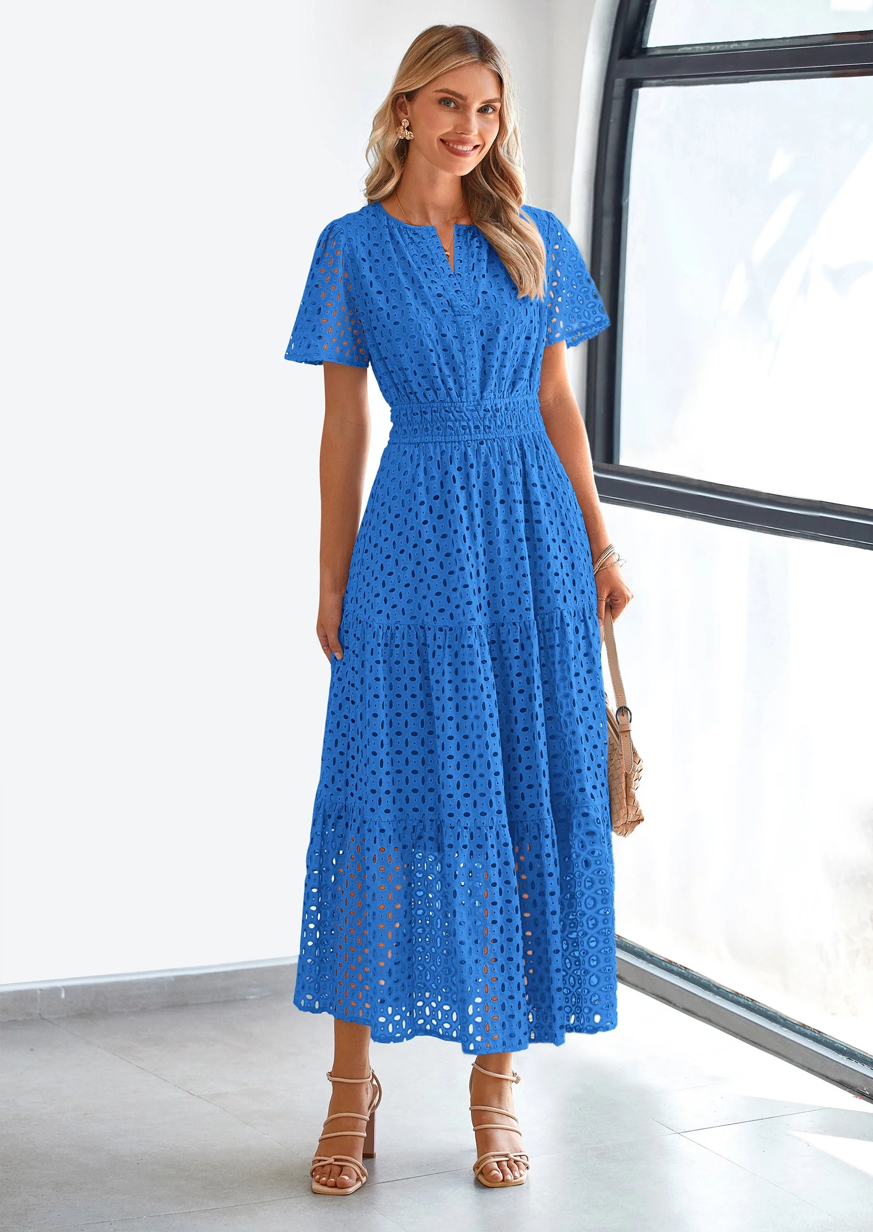 PRETTYGARDEN Womens Maxi Dress Short Sleeve V Neck Hollow Out Eyelet A Line Long Flowy Beach Vacation Dresses - Image 19