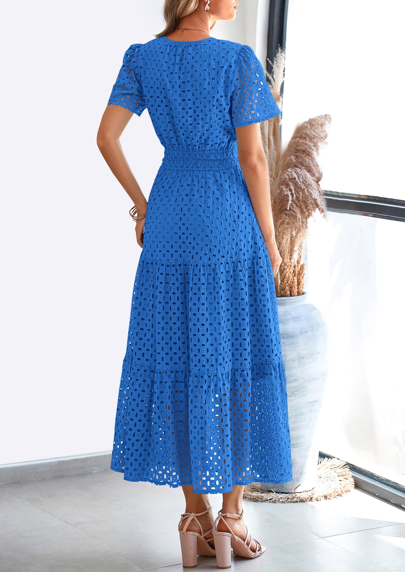 PRETTYGARDEN Womens Maxi Dress Short Sleeve V Neck Hollow Out Eyelet A Line Long Flowy Beach Vacation Dresses - Image 20