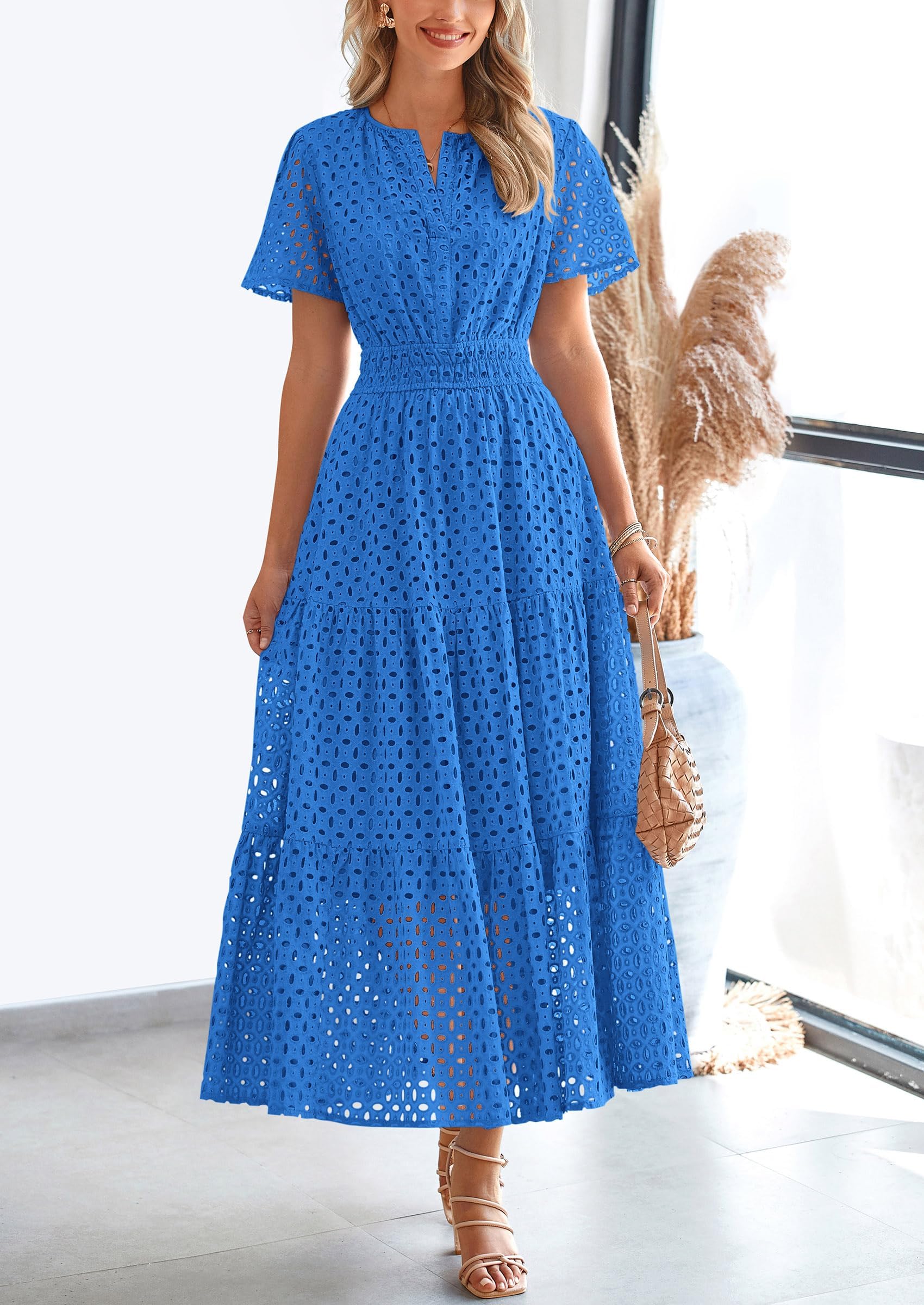 PRETTYGARDEN Womens Maxi Dress Short Sleeve V Neck Hollow Out Eyelet A Line Long Flowy Beach Vacation Dresses - Image 21