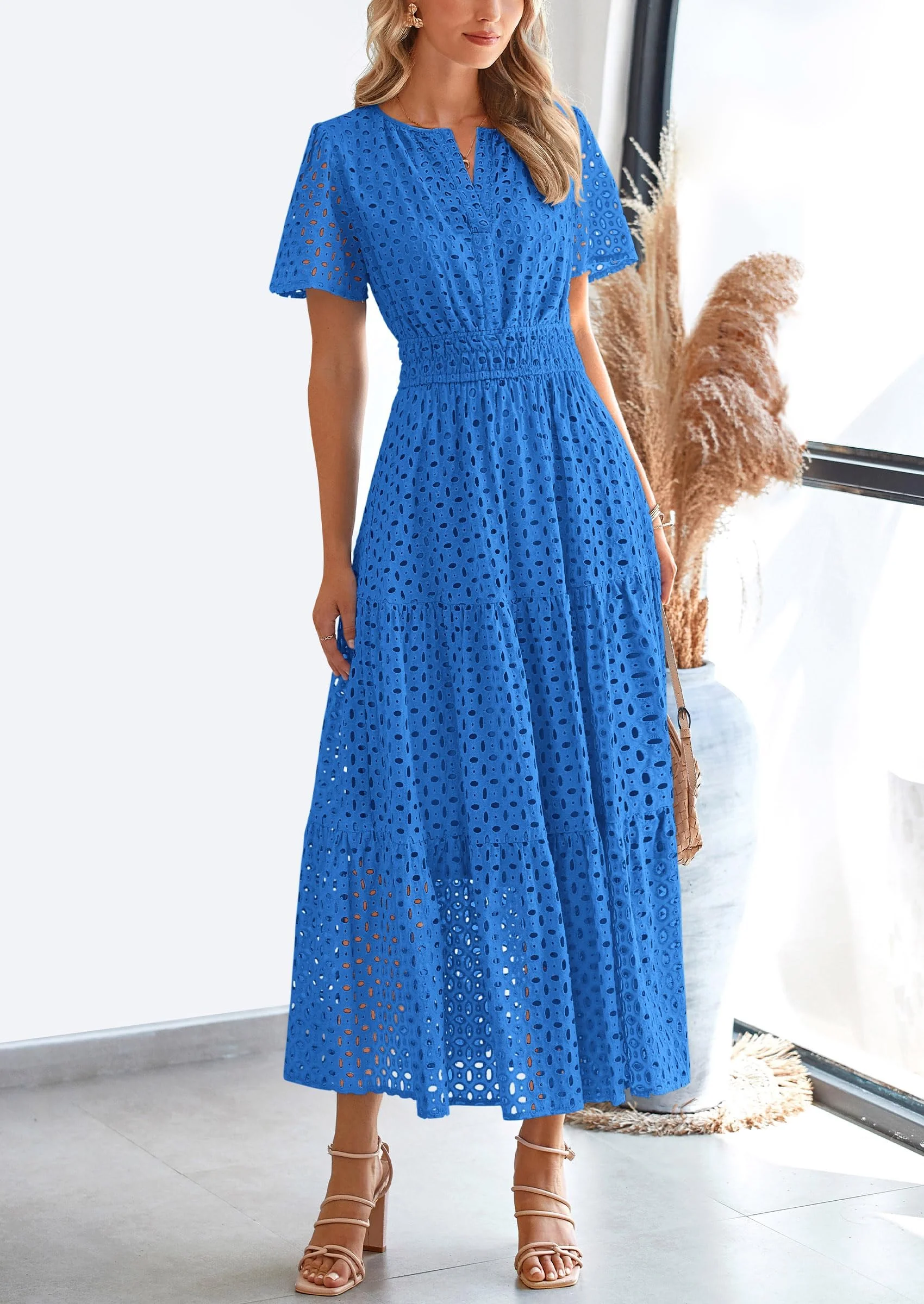 PRETTYGARDEN Womens Maxi Dress Short Sleeve V Neck Hollow Out Eyelet A Line Long Flowy Beach Vacation Dresses - Image 22