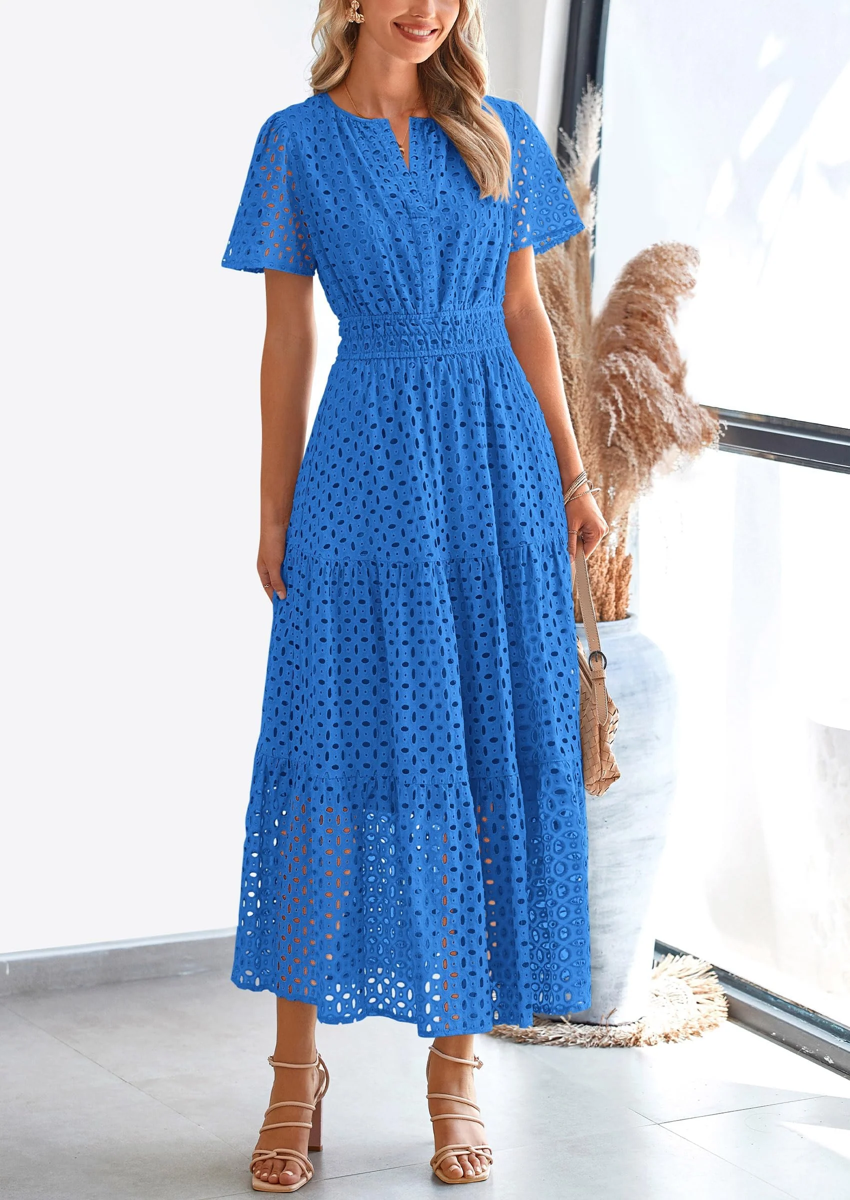 PRETTYGARDEN Womens Maxi Dress Short Sleeve V Neck Hollow Out Eyelet A Line Long Flowy Beach Vacation Dresses - Image 23