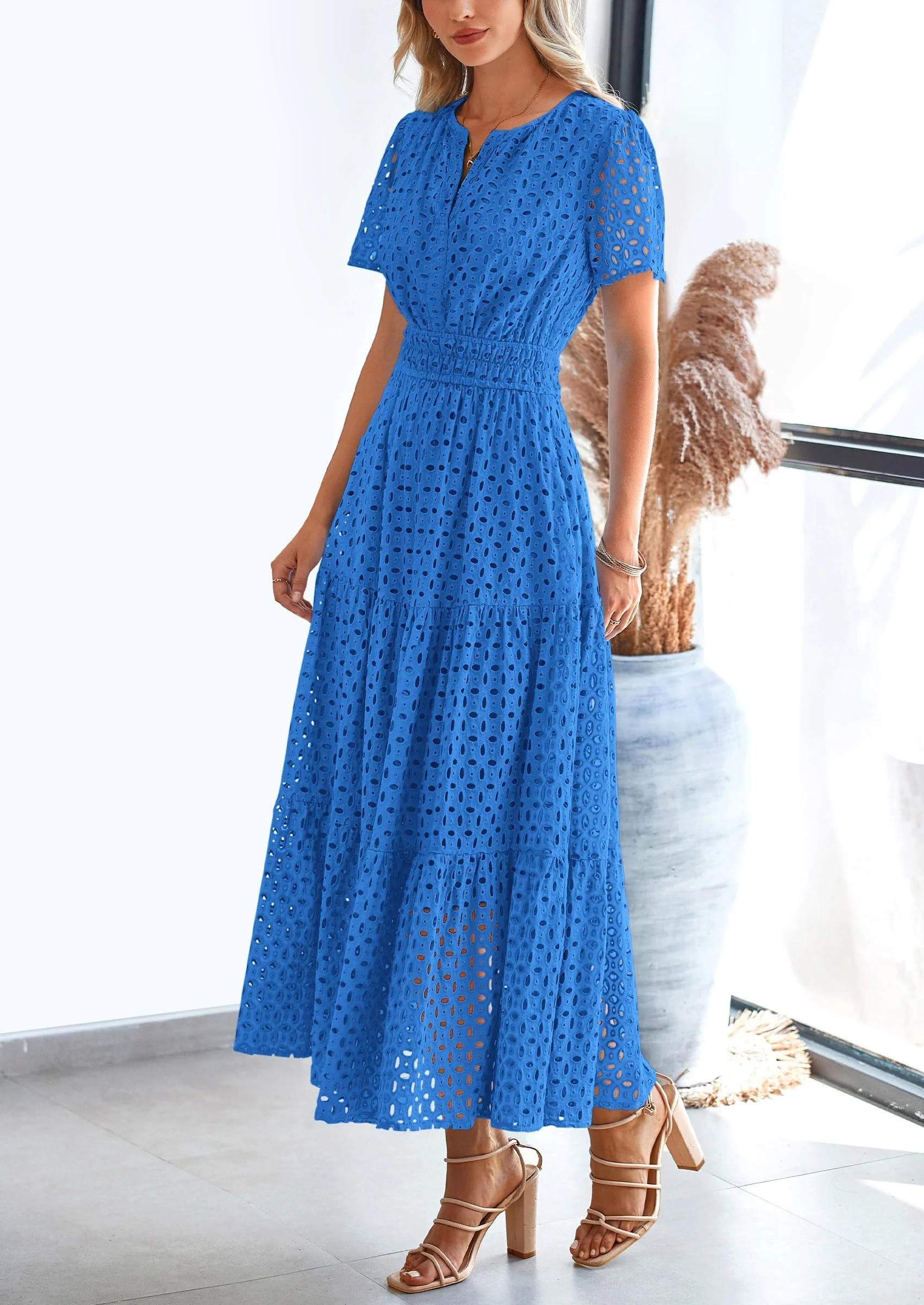 PRETTYGARDEN Womens Maxi Dress Short Sleeve V Neck Hollow Out Eyelet A Line Long Flowy Beach Vacation Dresses - Image 24