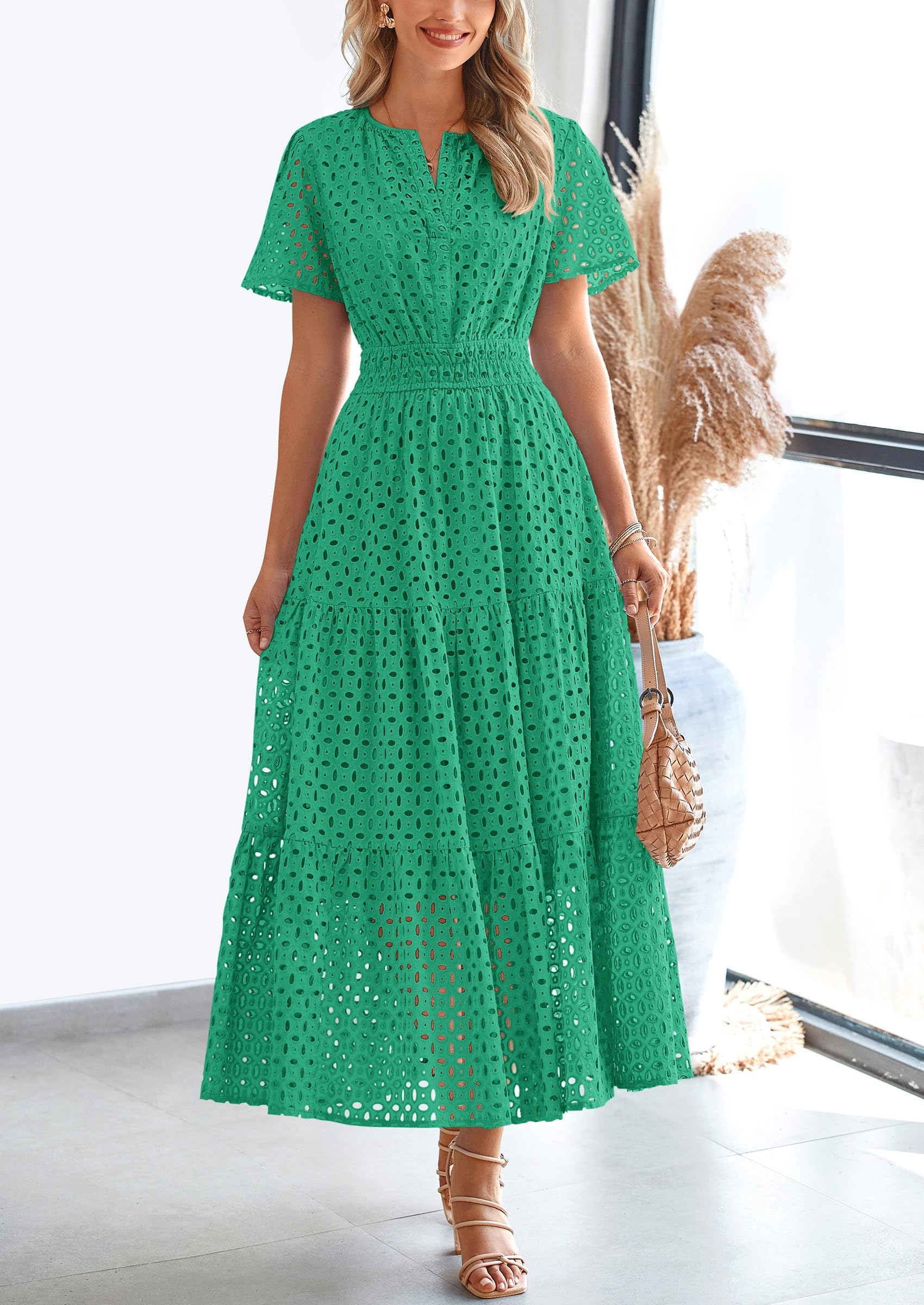 PRETTYGARDEN Womens Maxi Dress Short Sleeve V Neck Hollow Out Eyelet A Line Long Flowy Beach Vacation Dresses - Image 25