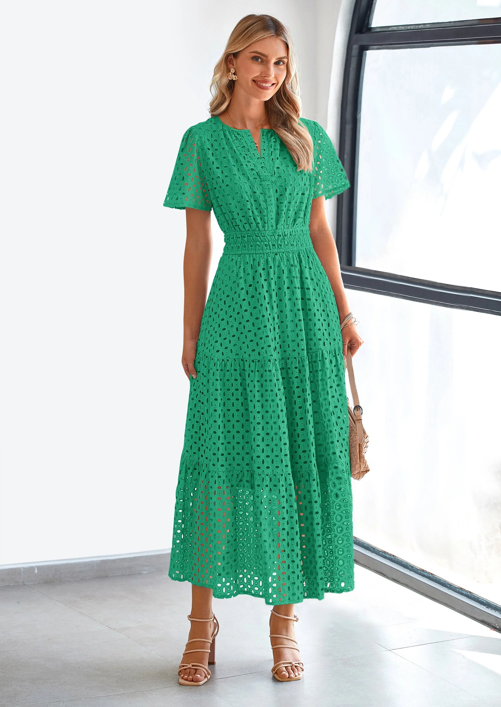 PRETTYGARDEN Womens Maxi Dress Short Sleeve V Neck Hollow Out Eyelet A Line Long Flowy Beach Vacation Dresses - Image 26