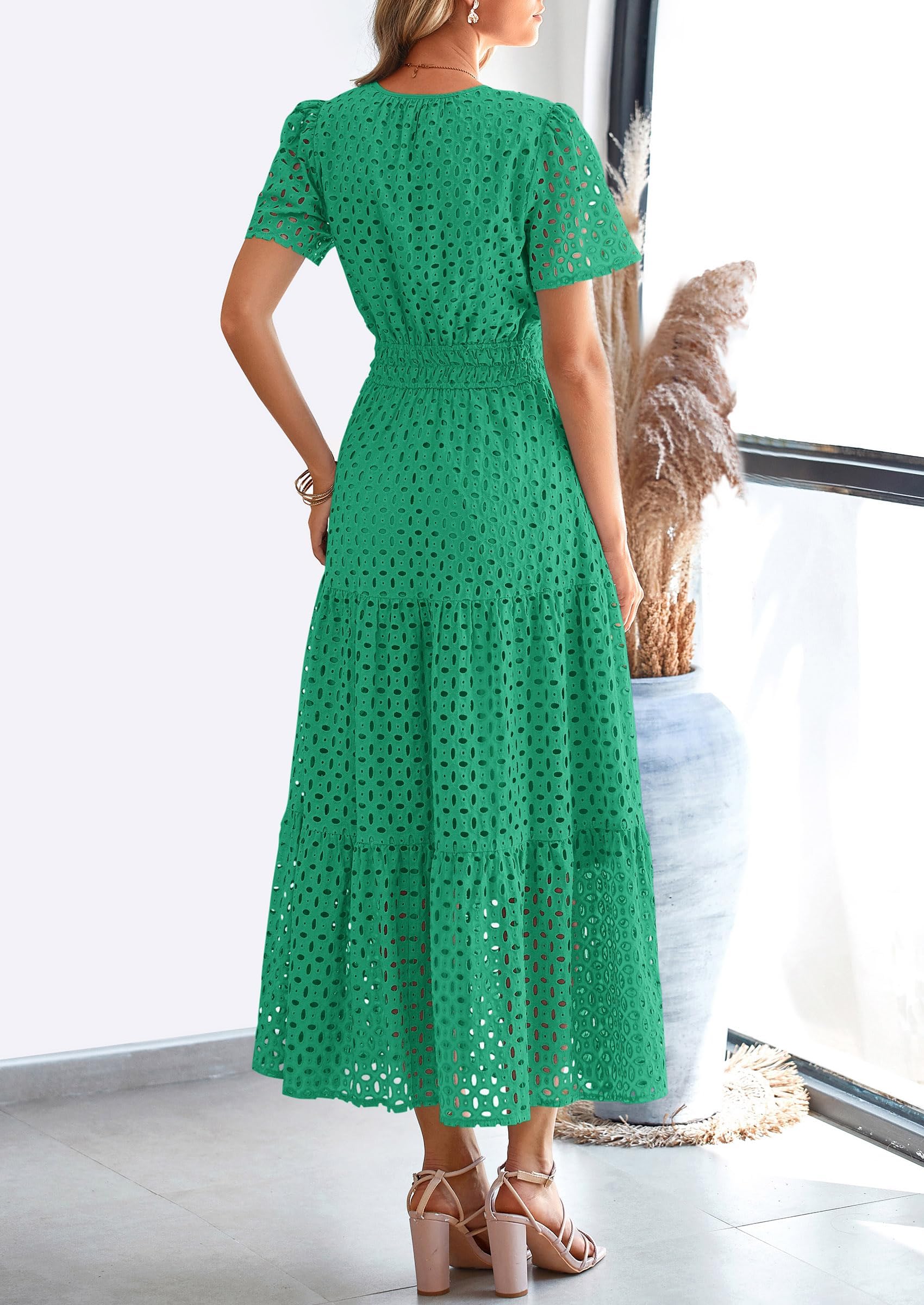 PRETTYGARDEN Womens Maxi Dress Short Sleeve V Neck Hollow Out Eyelet A Line Long Flowy Beach Vacation Dresses - Image 27