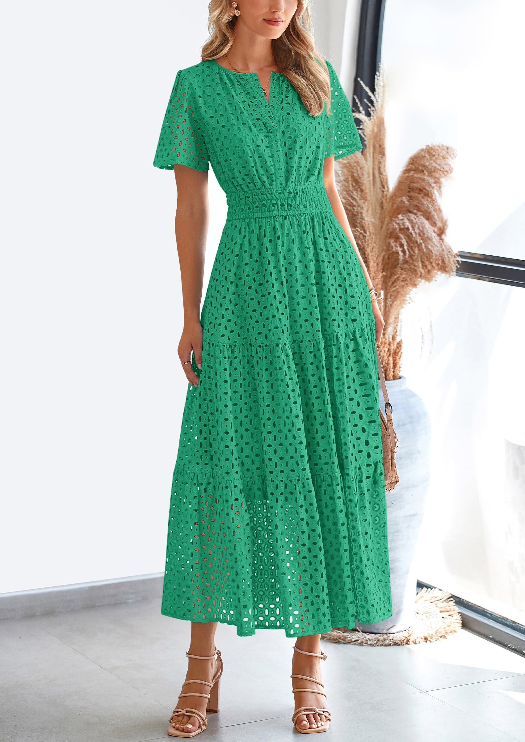 PRETTYGARDEN Womens Maxi Dress Short Sleeve V Neck Hollow Out Eyelet A Line Long Flowy Beach Vacation Dresses - Image 28