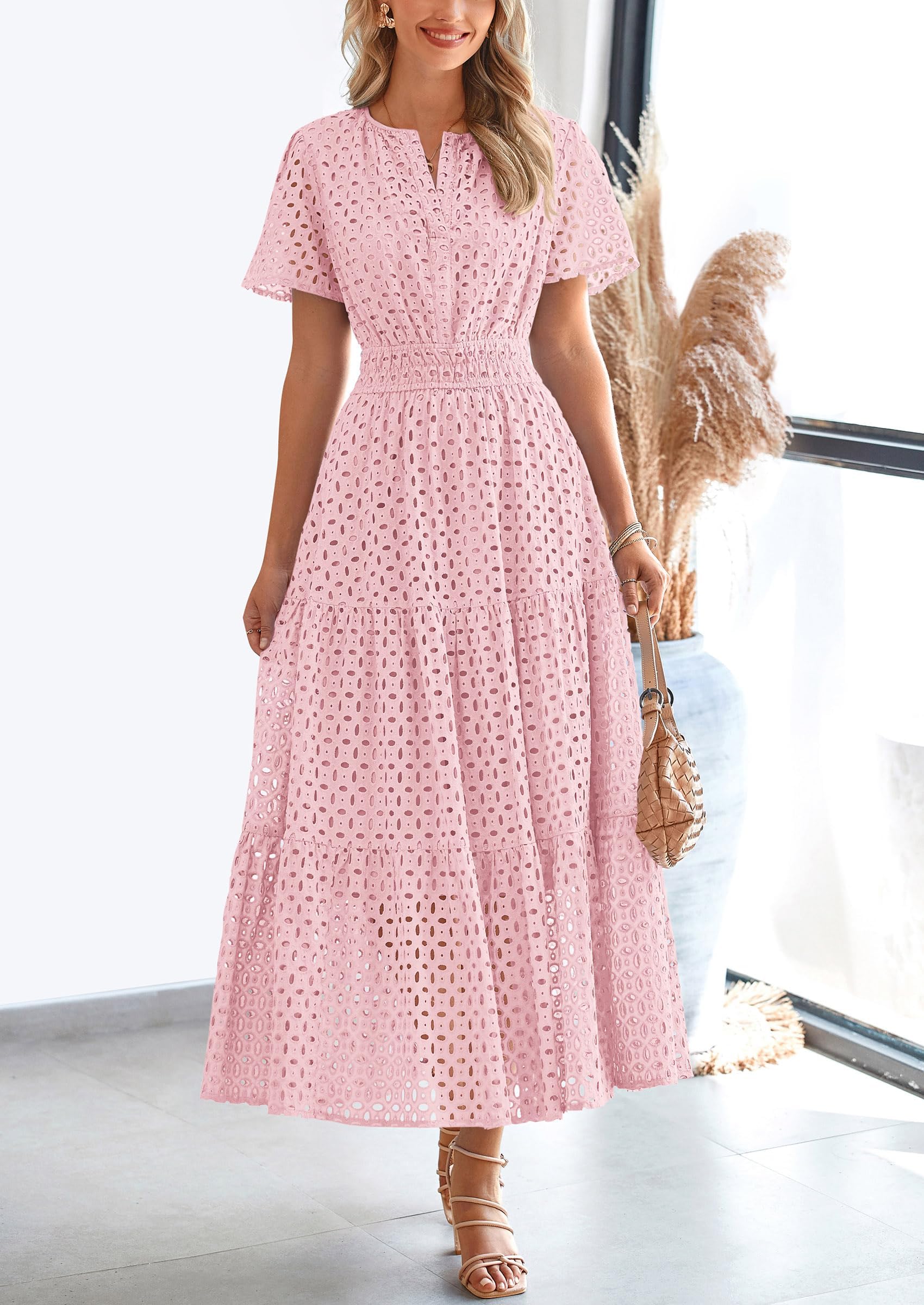 PRETTYGARDEN Womens Maxi Dress Short Sleeve V Neck Hollow Out Eyelet A Line Long Flowy Beach Vacation Dresses - Image 3