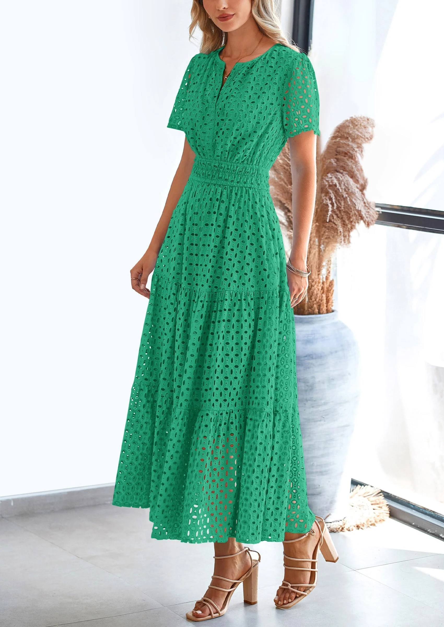 PRETTYGARDEN Womens Maxi Dress Short Sleeve V Neck Hollow Out Eyelet A Line Long Flowy Beach Vacation Dresses - Image 30