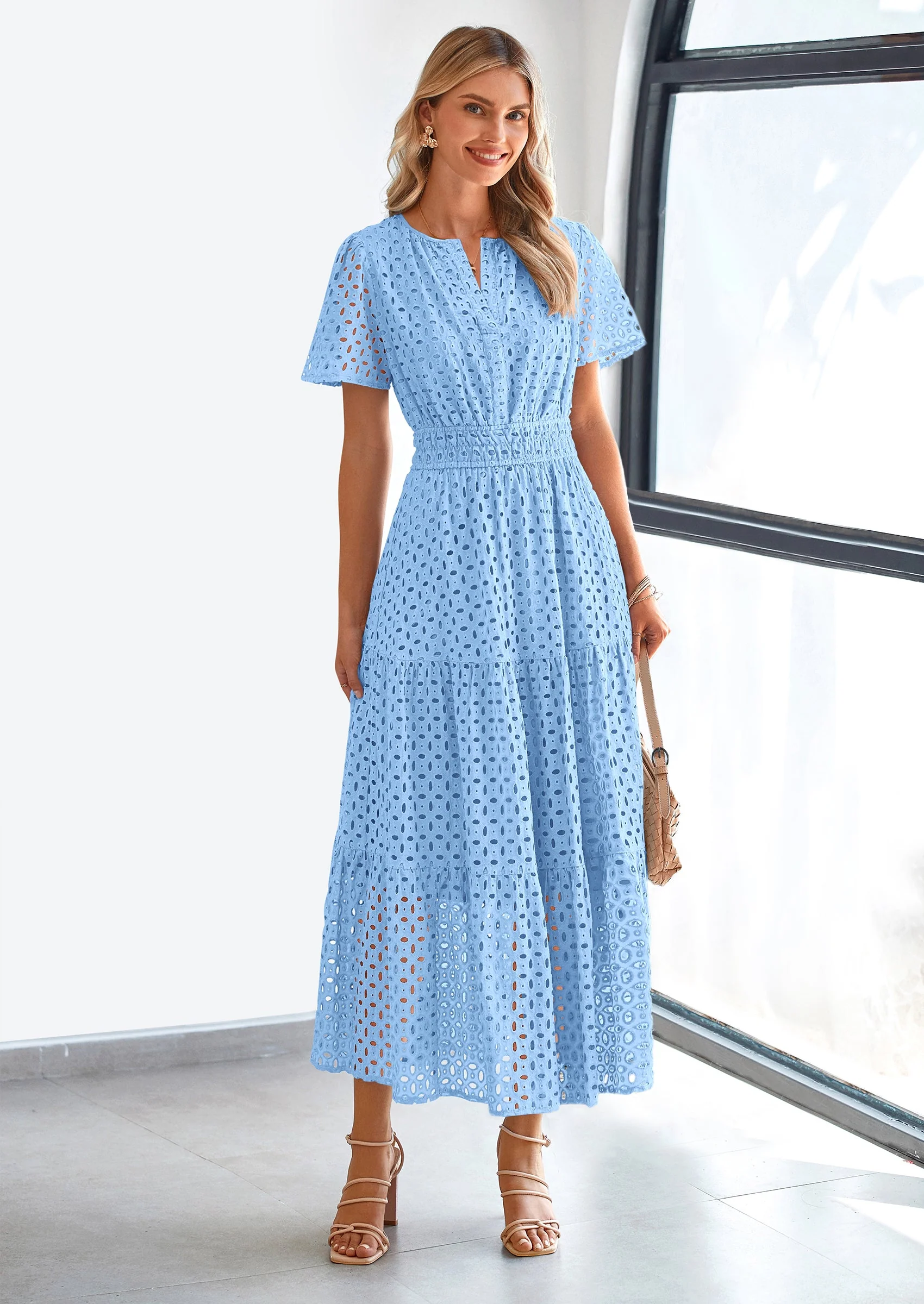 PRETTYGARDEN Womens Maxi Dress Short Sleeve V Neck Hollow Out Eyelet A Line Long Flowy Beach Vacation Dresses - Image 31