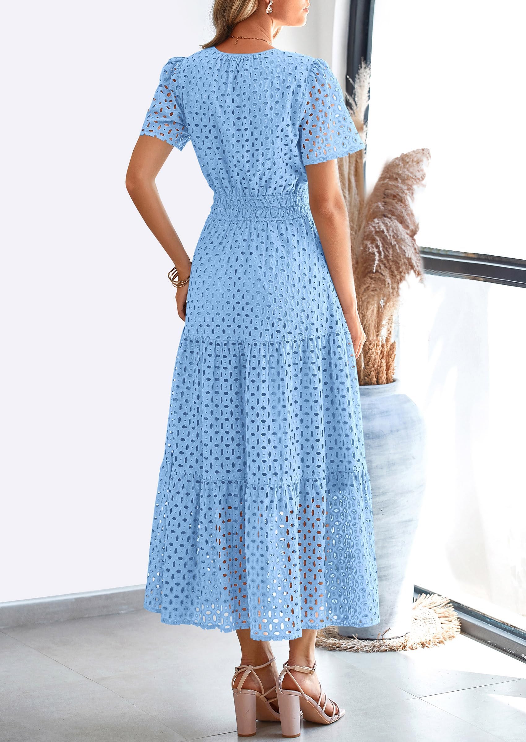 PRETTYGARDEN Womens Maxi Dress Short Sleeve V Neck Hollow Out Eyelet A Line Long Flowy Beach Vacation Dresses - Image 32