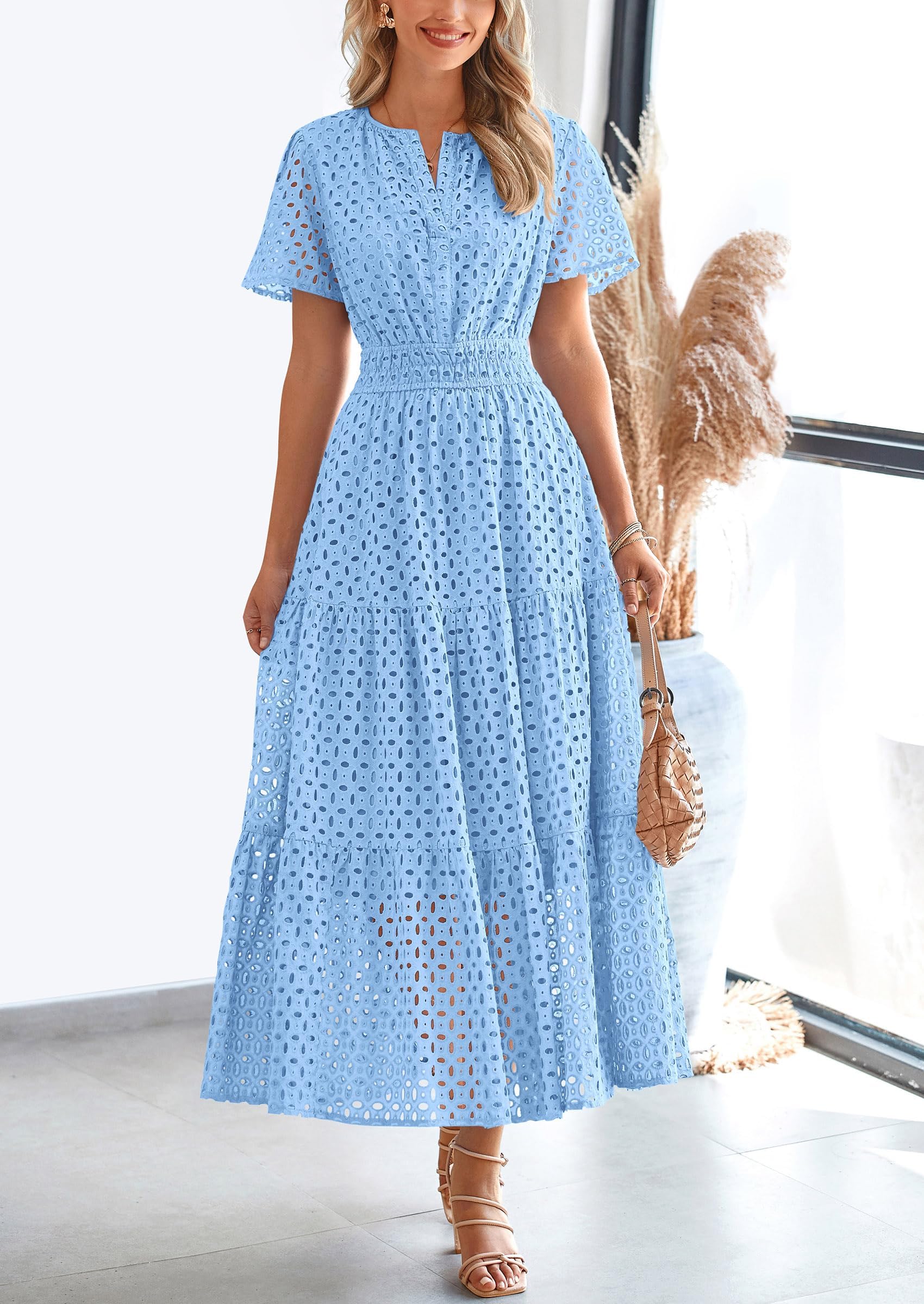PRETTYGARDEN Womens Maxi Dress Short Sleeve V Neck Hollow Out Eyelet A Line Long Flowy Beach Vacation Dresses - Image 33