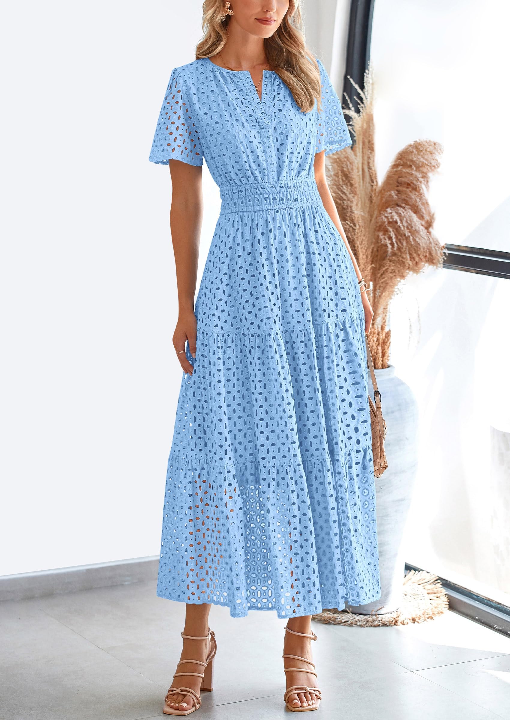PRETTYGARDEN Womens Maxi Dress Short Sleeve V Neck Hollow Out Eyelet A Line Long Flowy Beach Vacation Dresses - Image 34