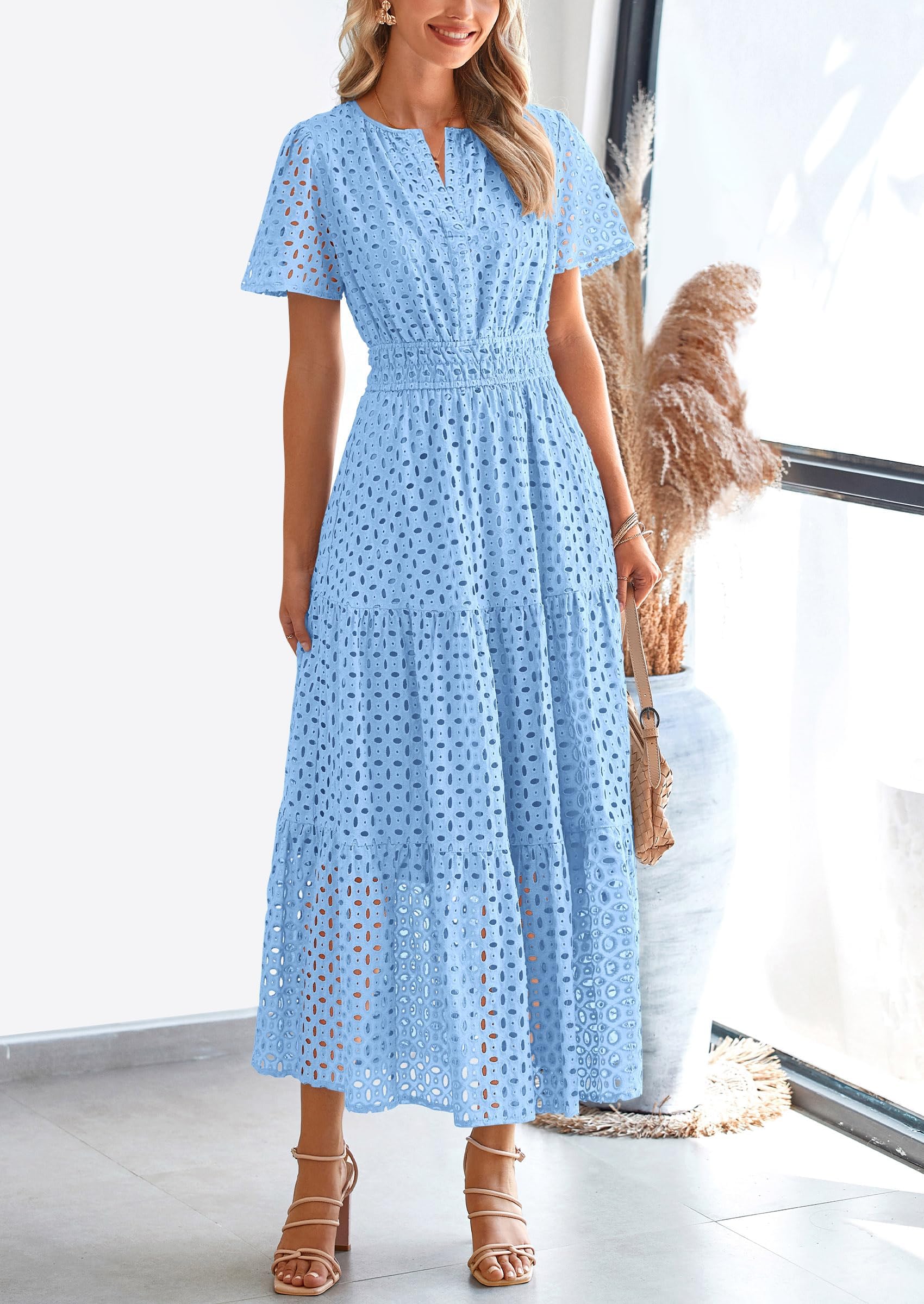 PRETTYGARDEN Womens Maxi Dress Short Sleeve V Neck Hollow Out Eyelet A Line Long Flowy Beach Vacation Dresses - Image 35