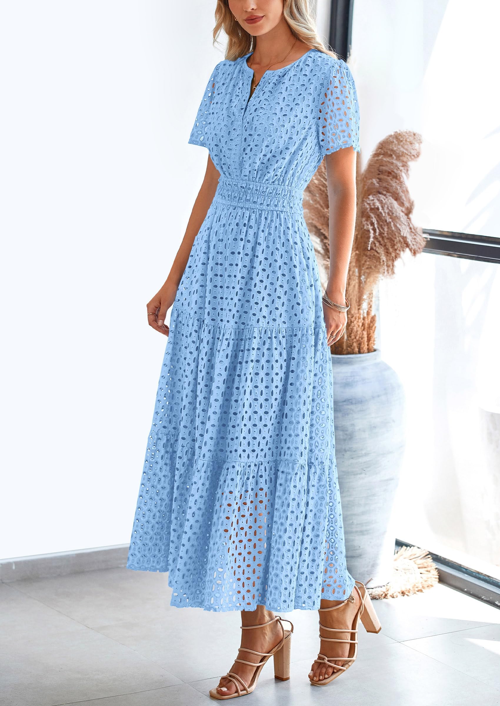 PRETTYGARDEN Womens Maxi Dress Short Sleeve V Neck Hollow Out Eyelet A Line Long Flowy Beach Vacation Dresses - Image 36