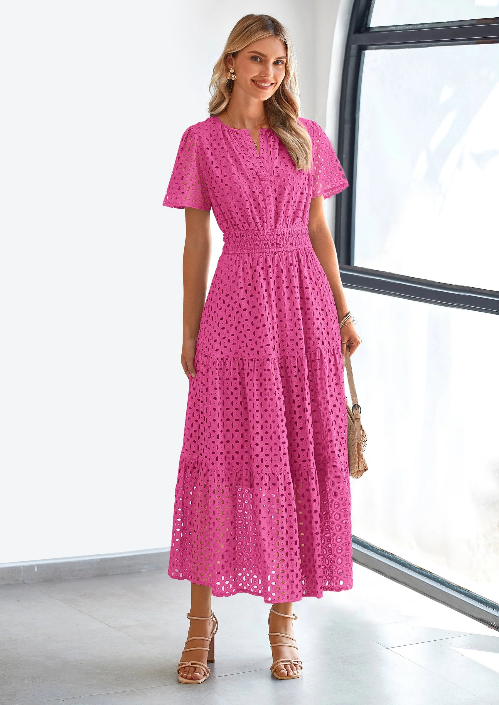 PRETTYGARDEN Womens Maxi Dress Short Sleeve V Neck Hollow Out Eyelet A Line Long Flowy Beach Vacation Dresses - Image 38