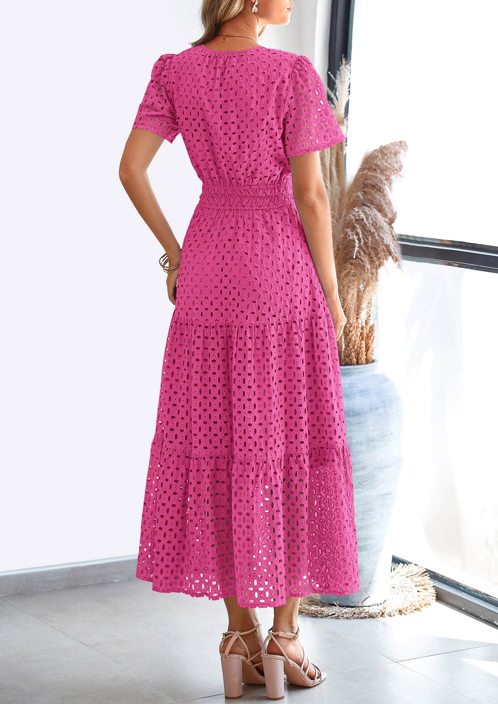 PRETTYGARDEN Womens Maxi Dress Short Sleeve V Neck Hollow Out Eyelet A Line Long Flowy Beach Vacation Dresses - Image 39