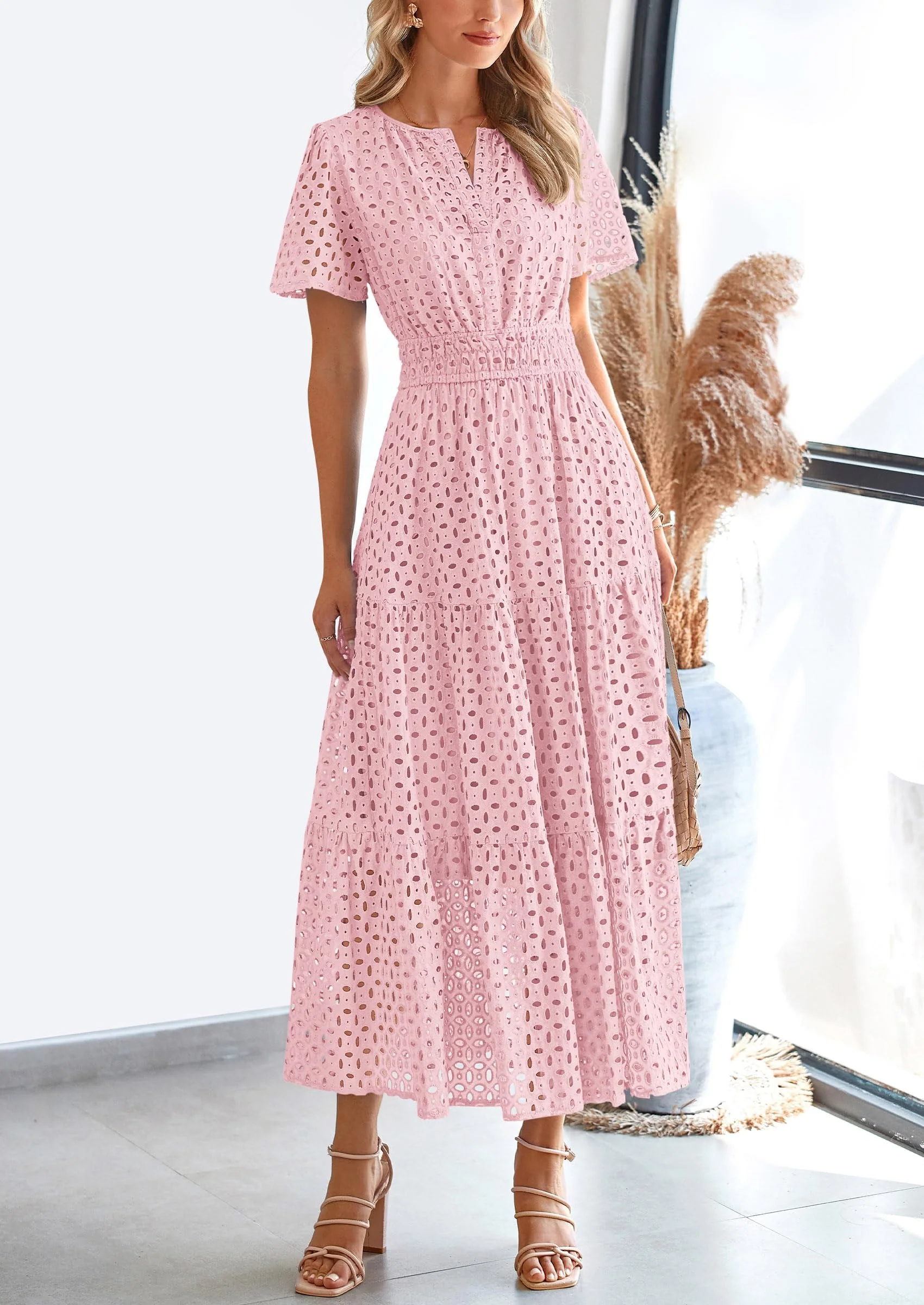 PRETTYGARDEN Womens Maxi Dress Short Sleeve V Neck Hollow Out Eyelet A Line Long Flowy Beach Vacation Dresses - Image 4