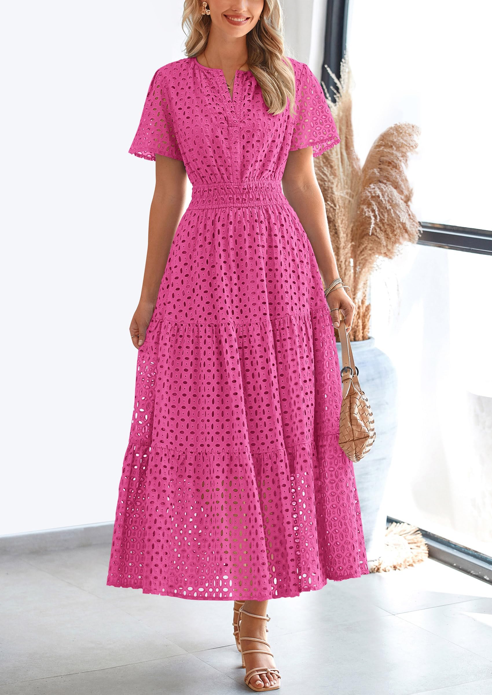 PRETTYGARDEN Womens Maxi Dress Short Sleeve V Neck Hollow Out Eyelet A Line Long Flowy Beach Vacation Dresses - Image 40