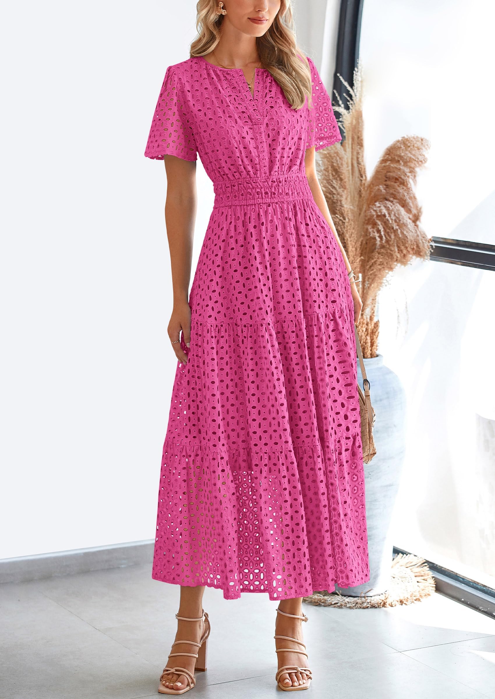 PRETTYGARDEN Womens Maxi Dress Short Sleeve V Neck Hollow Out Eyelet A Line Long Flowy Beach Vacation Dresses - Image 41
