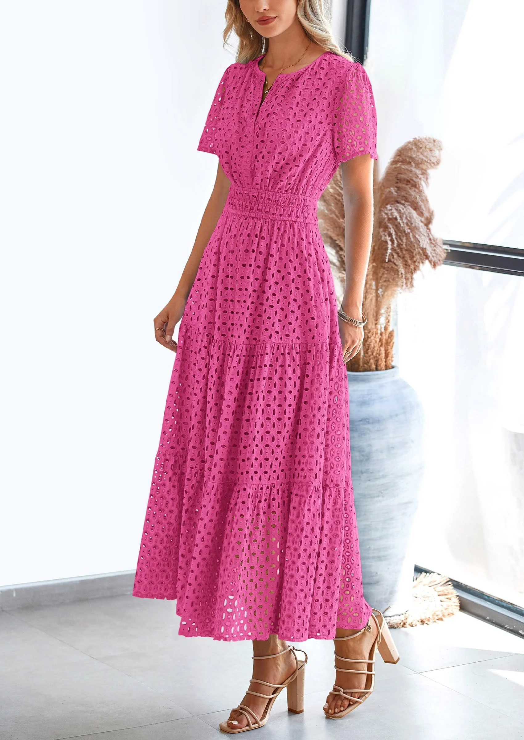 PRETTYGARDEN Womens Maxi Dress Short Sleeve V Neck Hollow Out Eyelet A Line Long Flowy Beach Vacation Dresses - Image 43