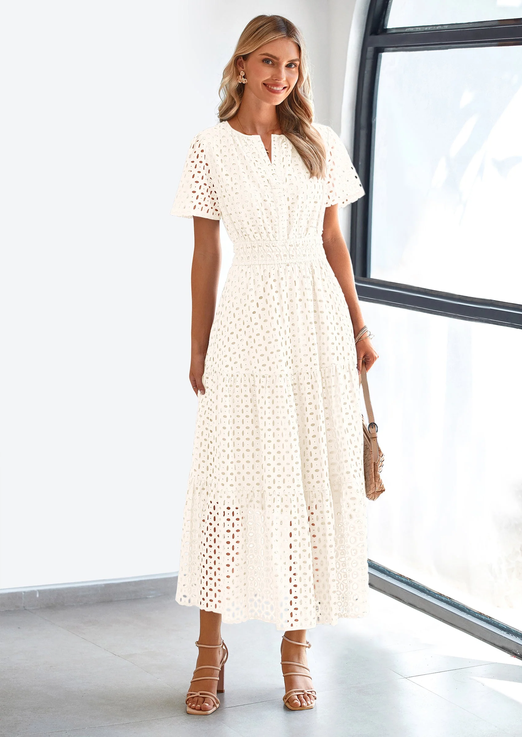 PRETTYGARDEN Womens Maxi Dress Short Sleeve V Neck Hollow Out Eyelet A Line Long Flowy Beach Vacation Dresses - Image 44