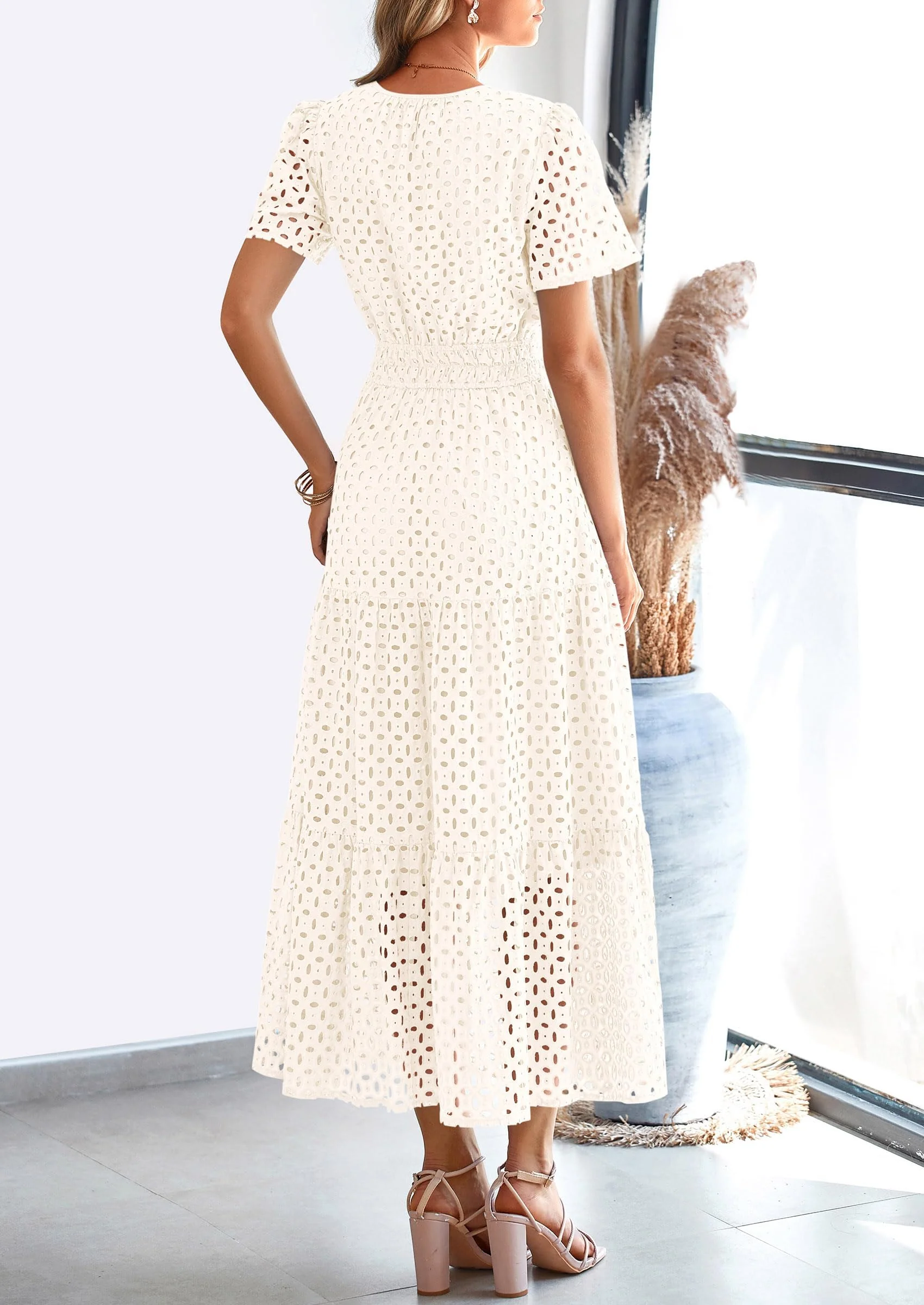 PRETTYGARDEN Womens Maxi Dress Short Sleeve V Neck Hollow Out Eyelet A Line Long Flowy Beach Vacation Dresses - Image 45