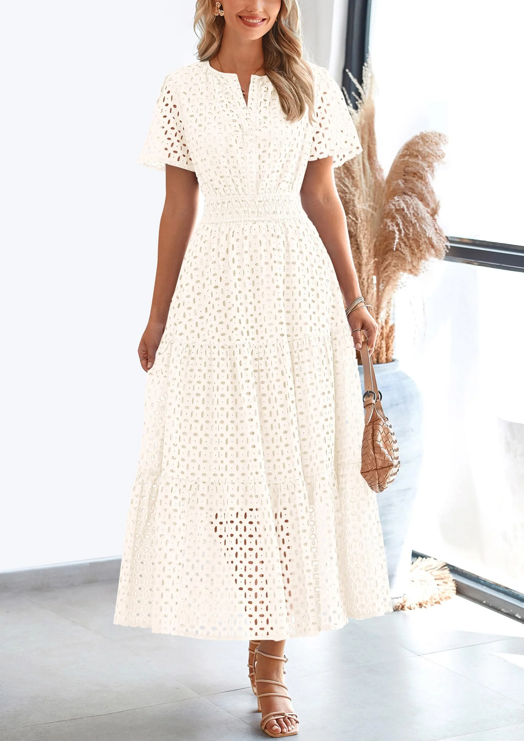 PRETTYGARDEN Womens Maxi Dress Short Sleeve V Neck Hollow Out Eyelet A Line Long Flowy Beach Vacation Dresses - Image 46