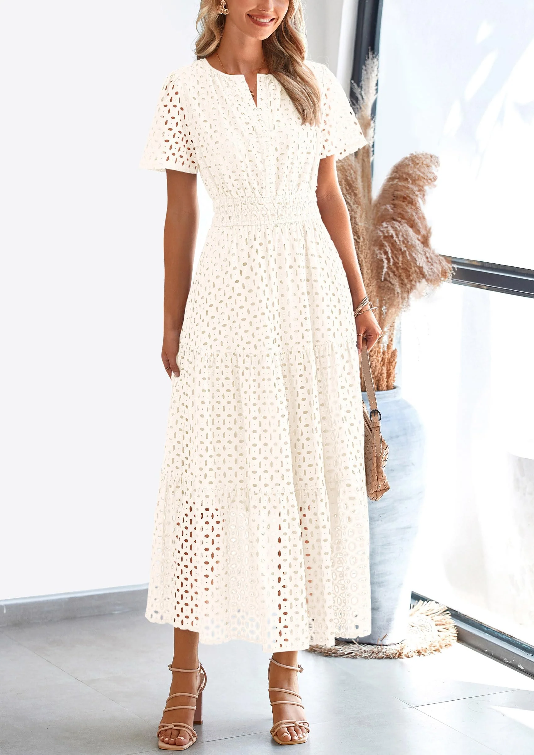 PRETTYGARDEN Womens Maxi Dress Short Sleeve V Neck Hollow Out Eyelet A Line Long Flowy Beach Vacation Dresses - Image 48