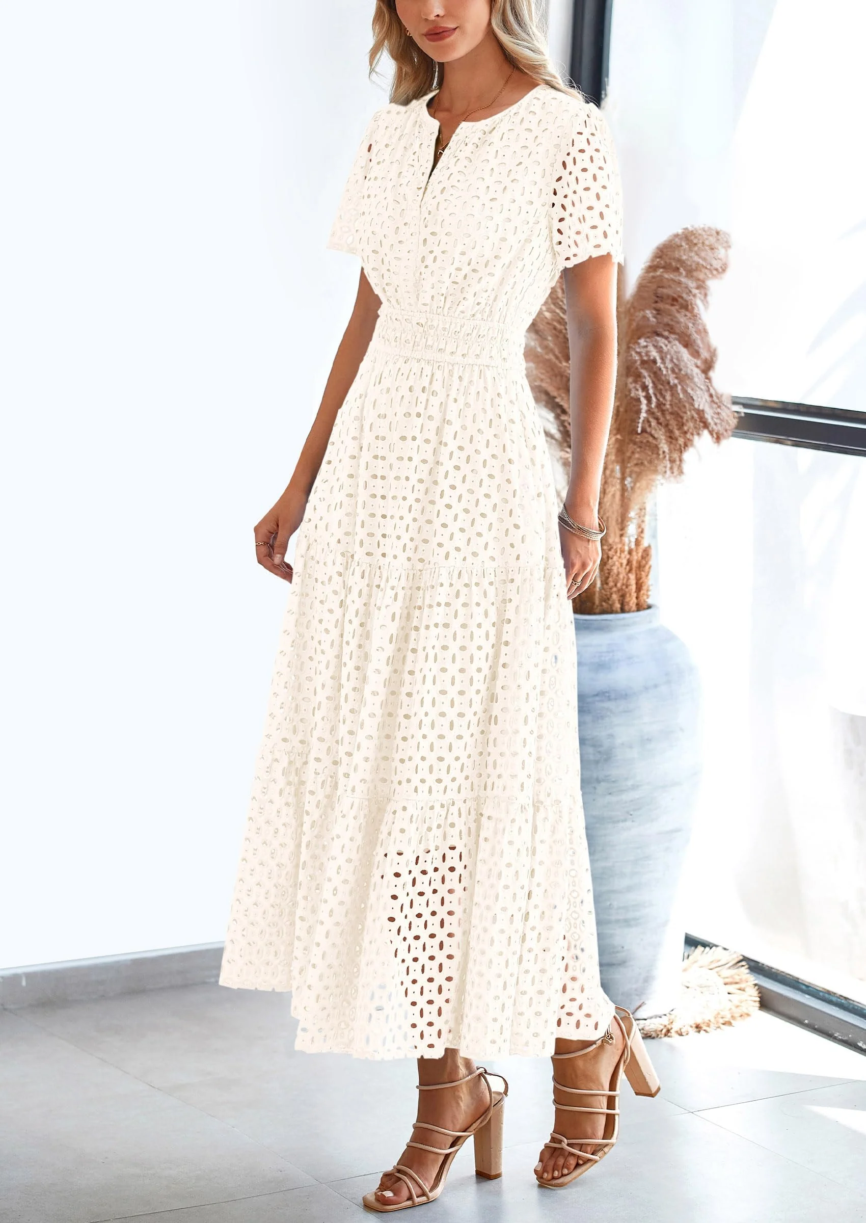 PRETTYGARDEN Womens Maxi Dress Short Sleeve V Neck Hollow Out Eyelet A Line Long Flowy Beach Vacation Dresses - Image 49