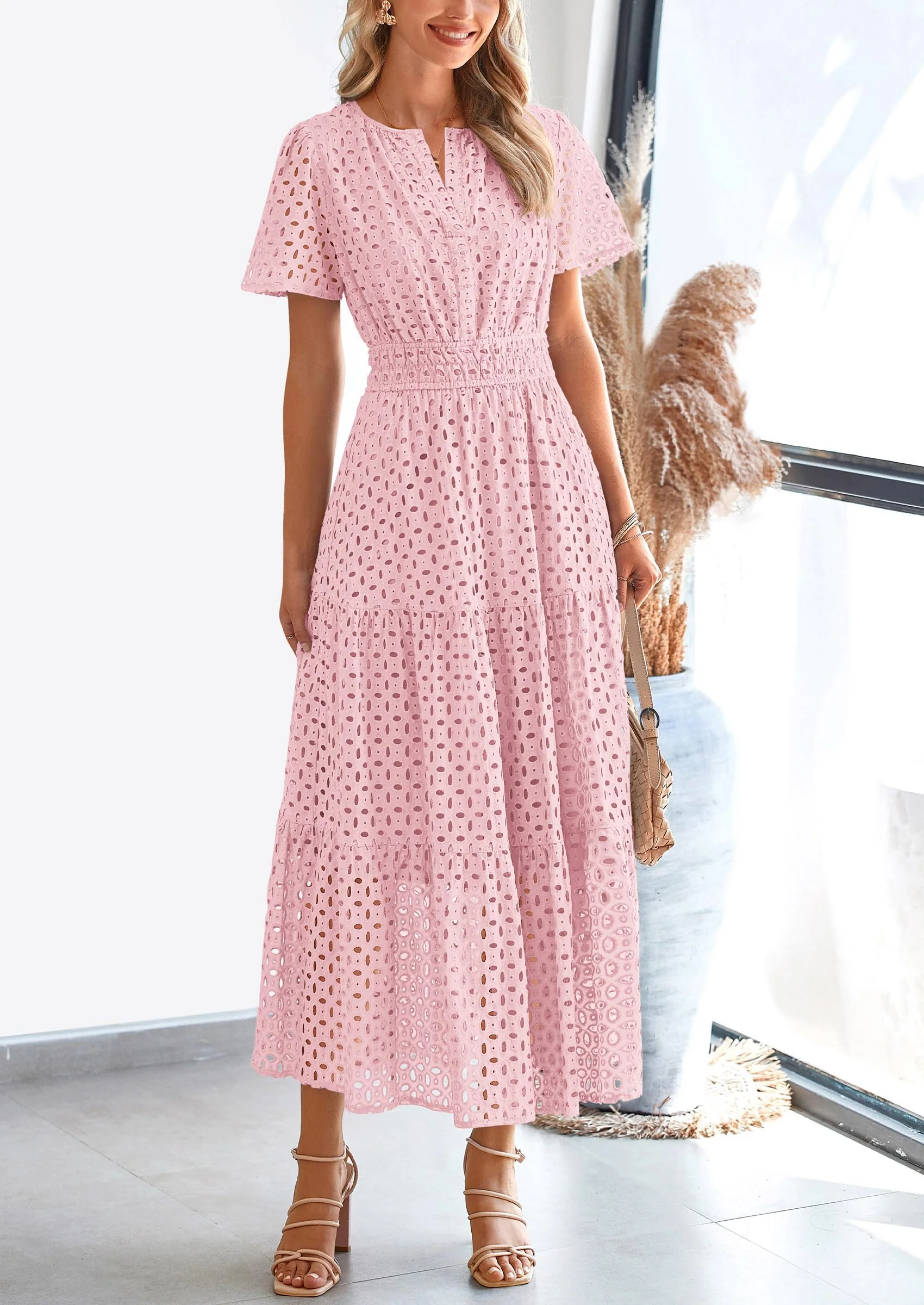 PRETTYGARDEN Womens Maxi Dress Short Sleeve V Neck Hollow Out Eyelet A Line Long Flowy Beach Vacation Dresses - Image 5