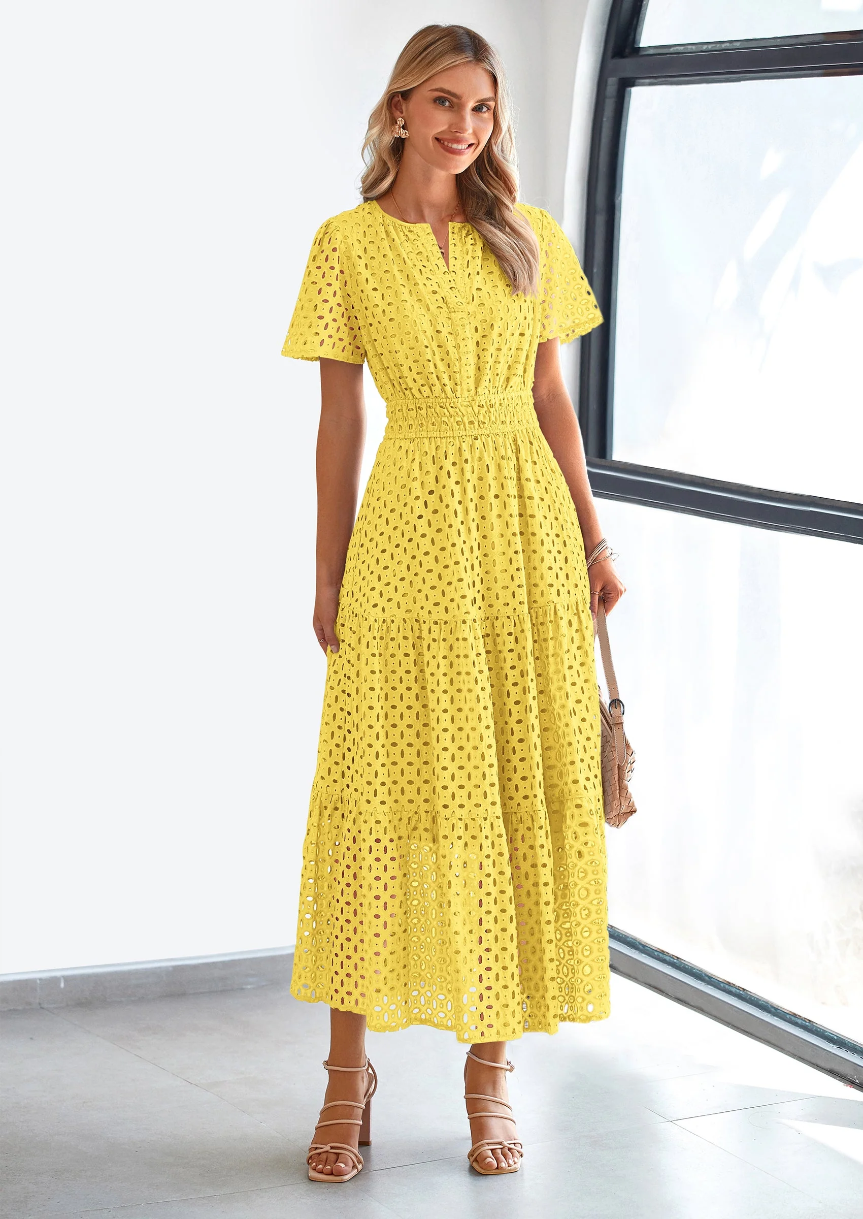 PRETTYGARDEN Womens Maxi Dress Short Sleeve V Neck Hollow Out Eyelet A Line Long Flowy Beach Vacation Dresses - Image 50