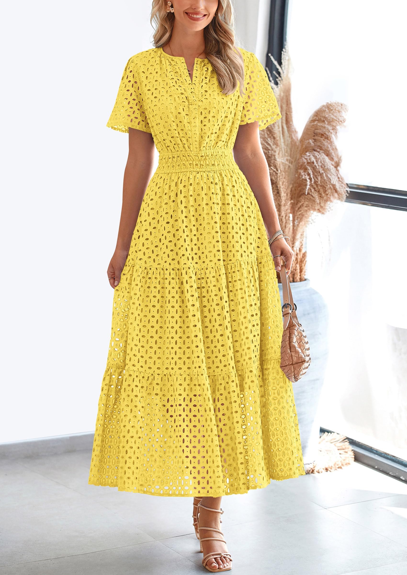 PRETTYGARDEN Womens Maxi Dress Short Sleeve V Neck Hollow Out Eyelet A Line Long Flowy Beach Vacation Dresses - Image 51