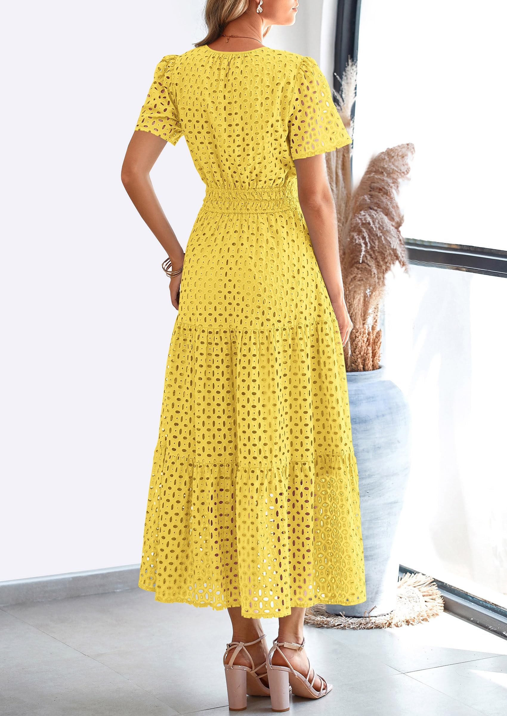 PRETTYGARDEN Womens Maxi Dress Short Sleeve V Neck Hollow Out Eyelet A Line Long Flowy Beach Vacation Dresses - Image 52