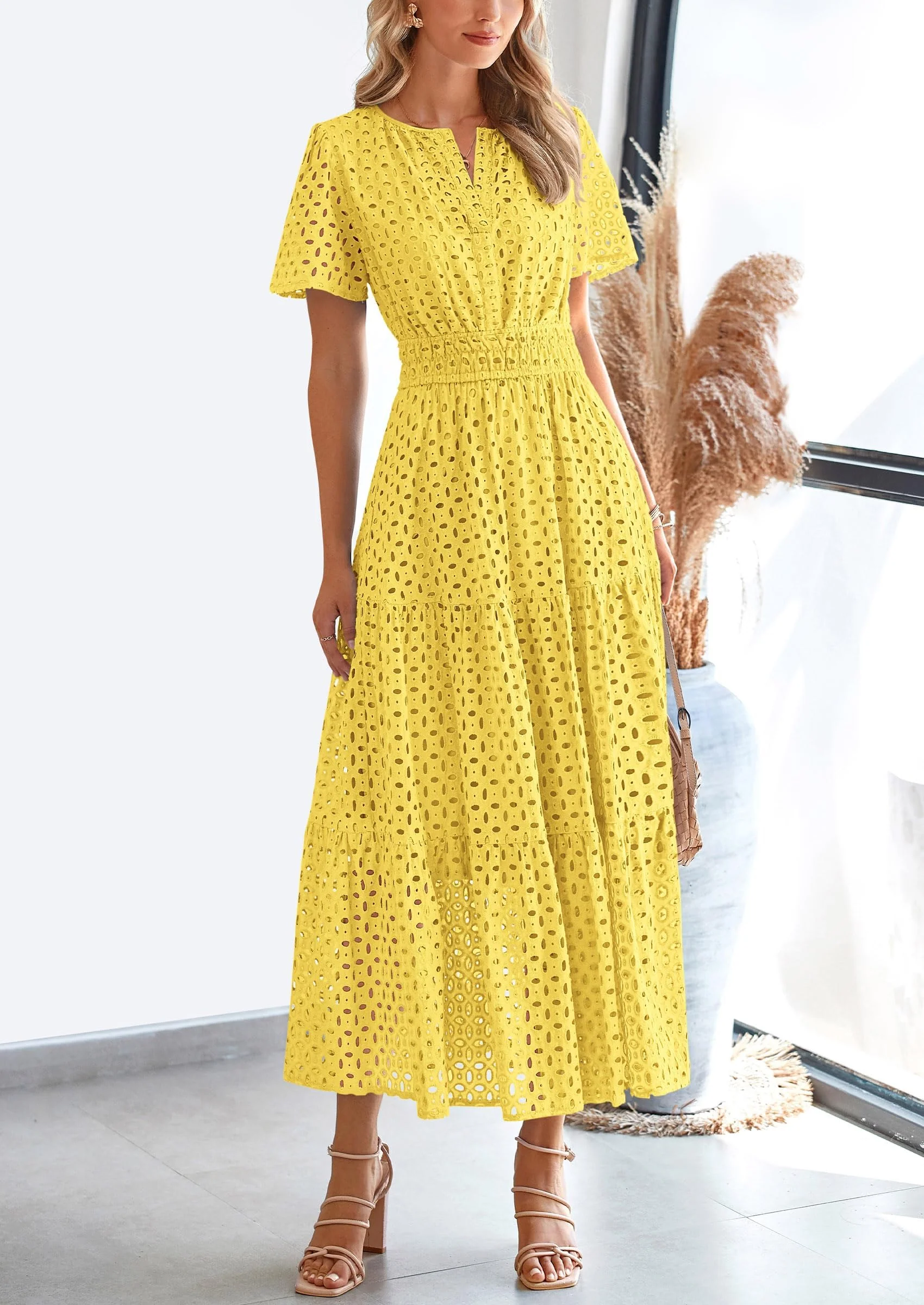 PRETTYGARDEN Womens Maxi Dress Short Sleeve V Neck Hollow Out Eyelet A Line Long Flowy Beach Vacation Dresses - Image 53