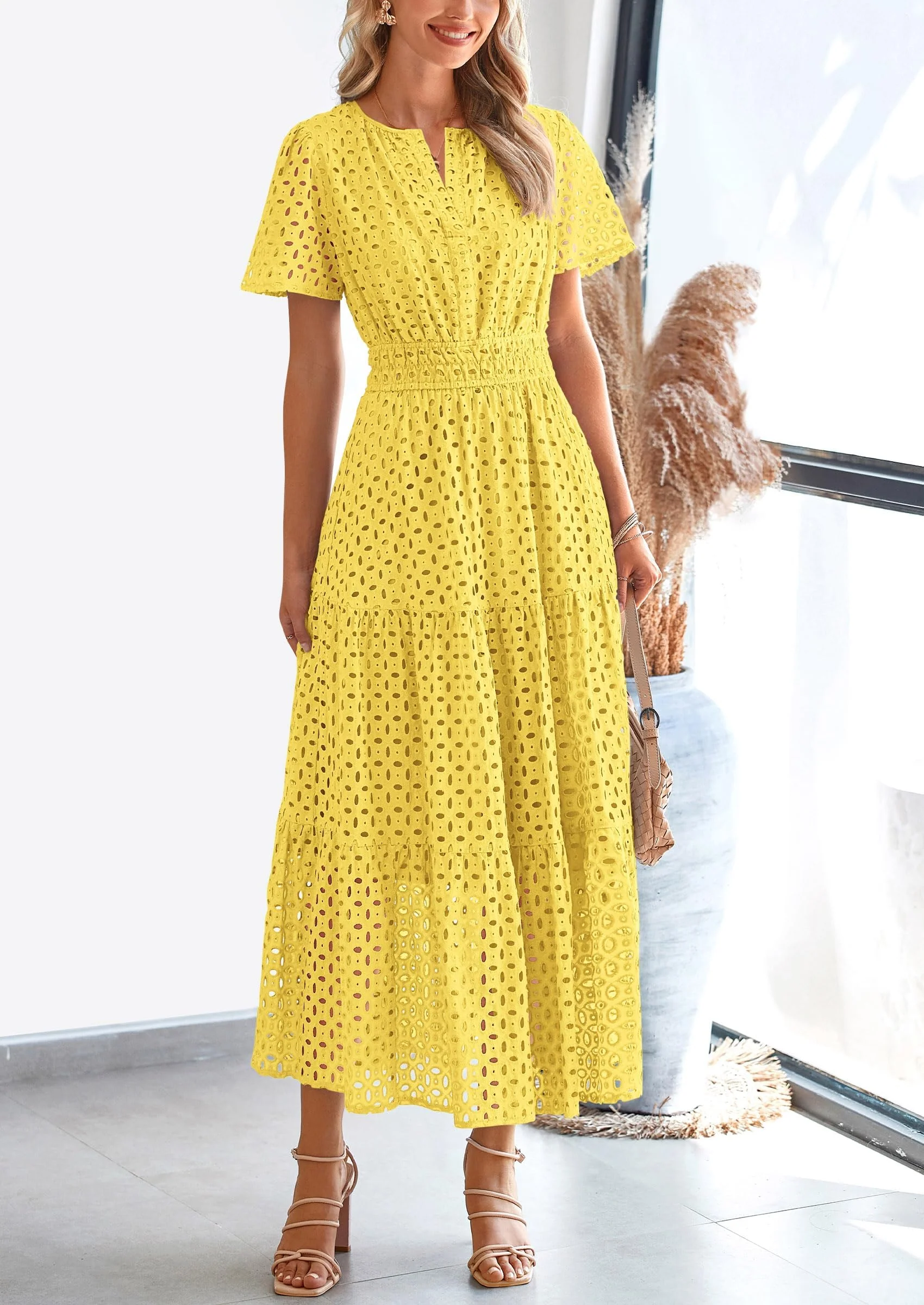 PRETTYGARDEN Womens Maxi Dress Short Sleeve V Neck Hollow Out Eyelet A Line Long Flowy Beach Vacation Dresses - Image 54