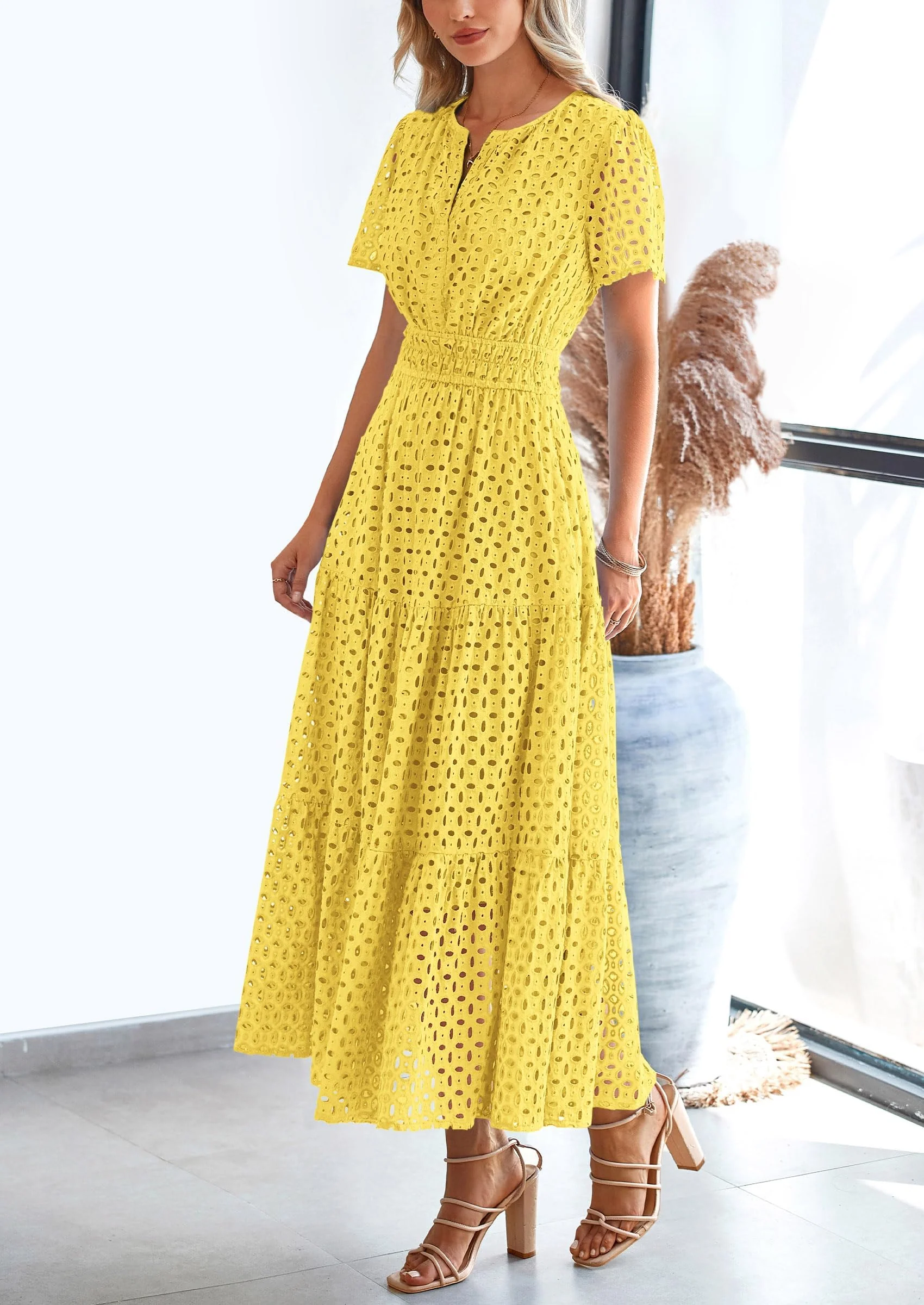 PRETTYGARDEN Womens Maxi Dress Short Sleeve V Neck Hollow Out Eyelet A Line Long Flowy Beach Vacation Dresses - Image 55