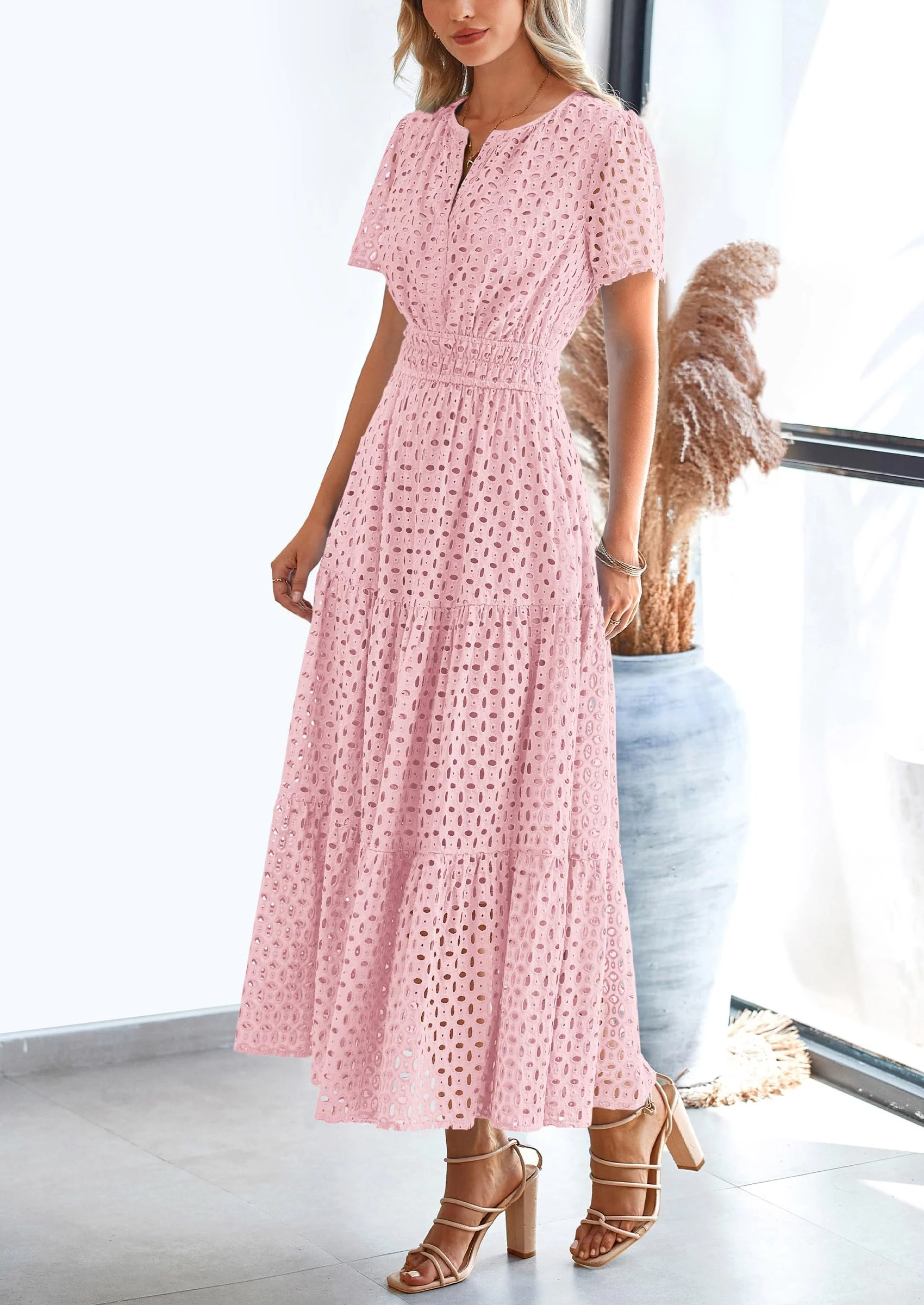 PRETTYGARDEN Womens Maxi Dress Short Sleeve V Neck Hollow Out Eyelet A Line Long Flowy Beach Vacation Dresses - Image 6