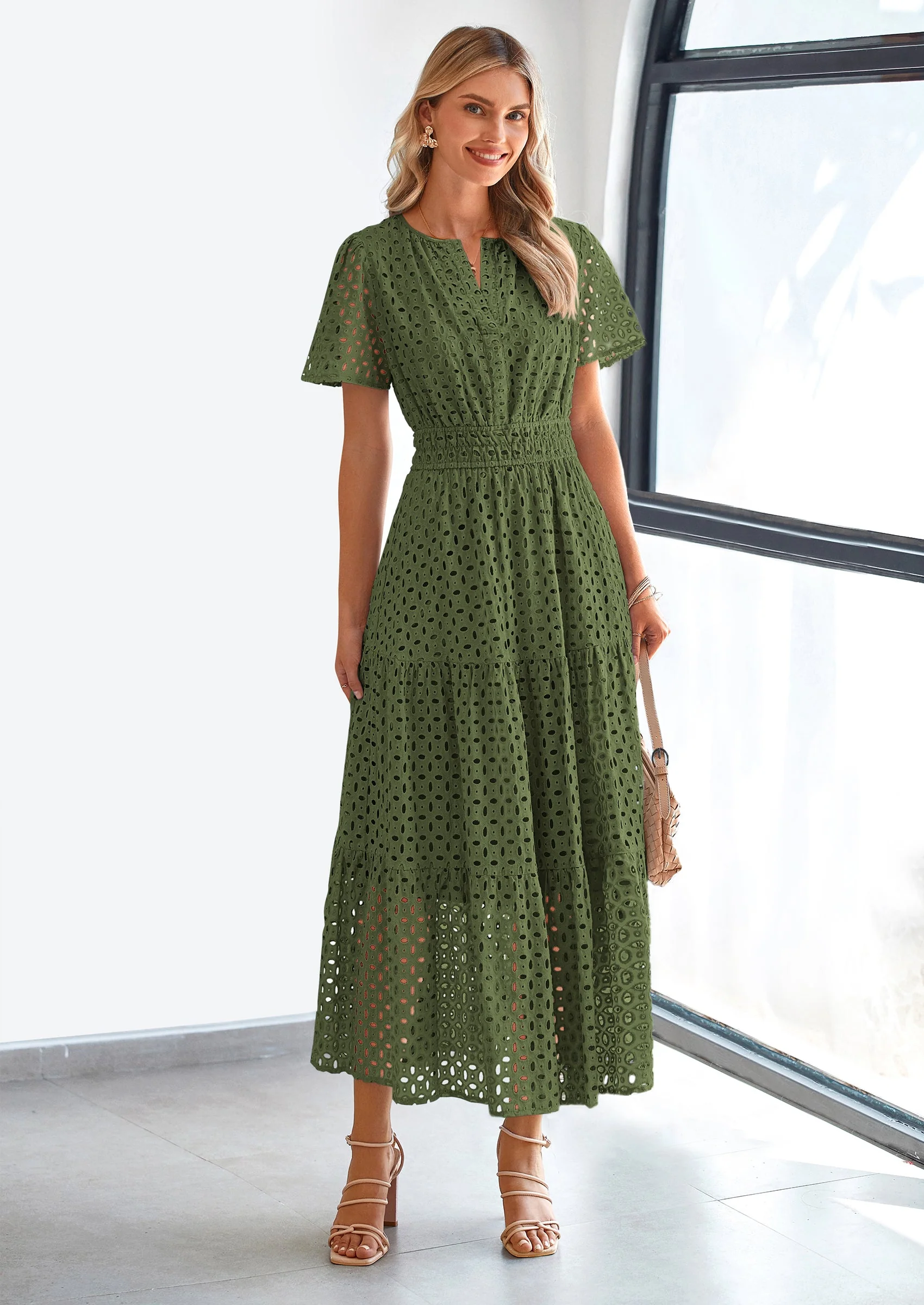 PRETTYGARDEN Womens Maxi Dress Short Sleeve V Neck Hollow Out Eyelet A Line Long Flowy Beach Vacation Dresses - Image 7