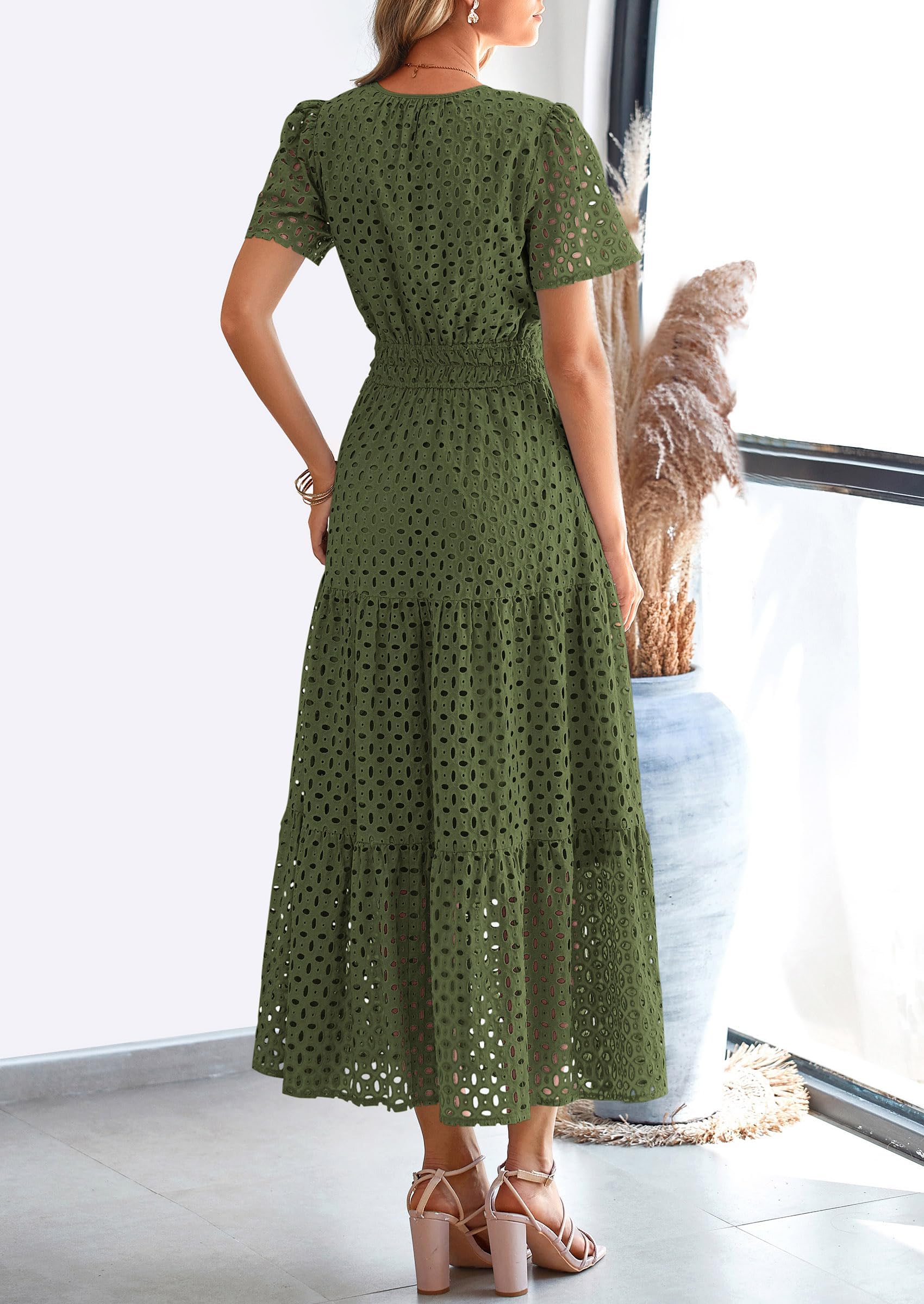 PRETTYGARDEN Womens Maxi Dress Short Sleeve V Neck Hollow Out Eyelet A Line Long Flowy Beach Vacation Dresses - Image 8