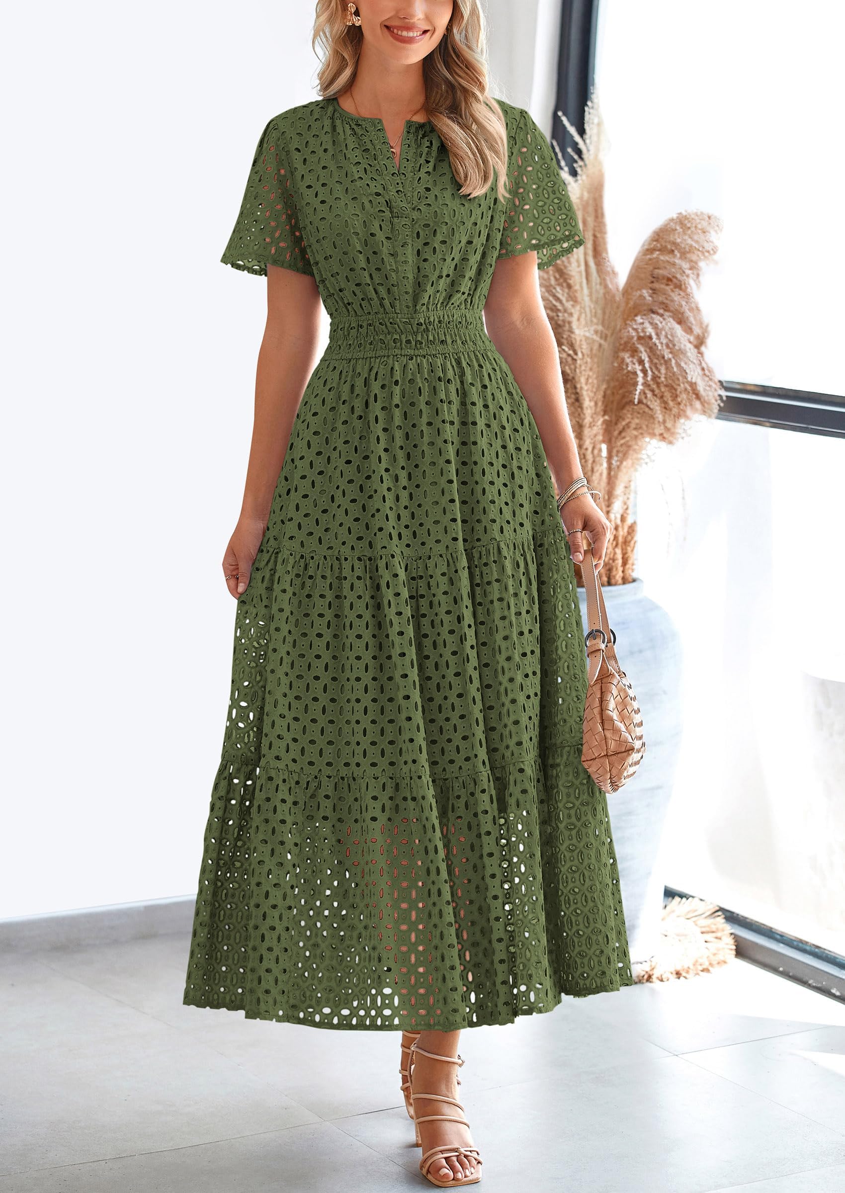 PRETTYGARDEN Womens Maxi Dress Short Sleeve V Neck Hollow Out Eyelet A Line Long Flowy Beach Vacation Dresses - Image 9